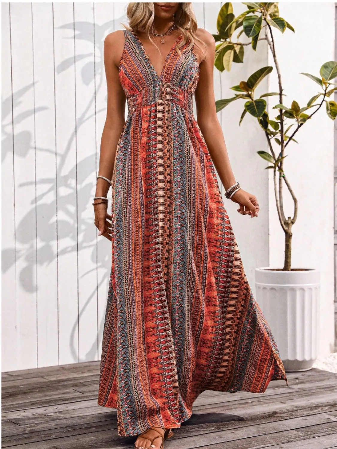 Tied Back Printed Sleeveless Maxi Slit Dress - Image 4