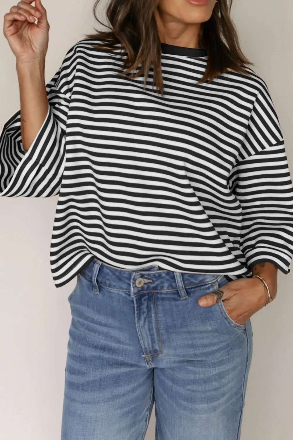 Tied Back Striped Round Neck Blouse - Image 2