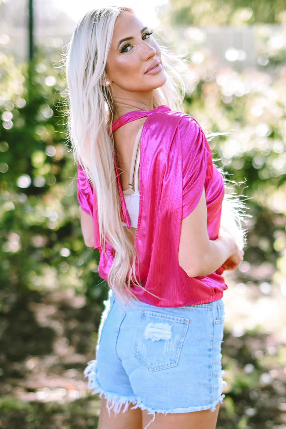 Tied Backless Round Neck Cap Sleeve Blouse - Image 2