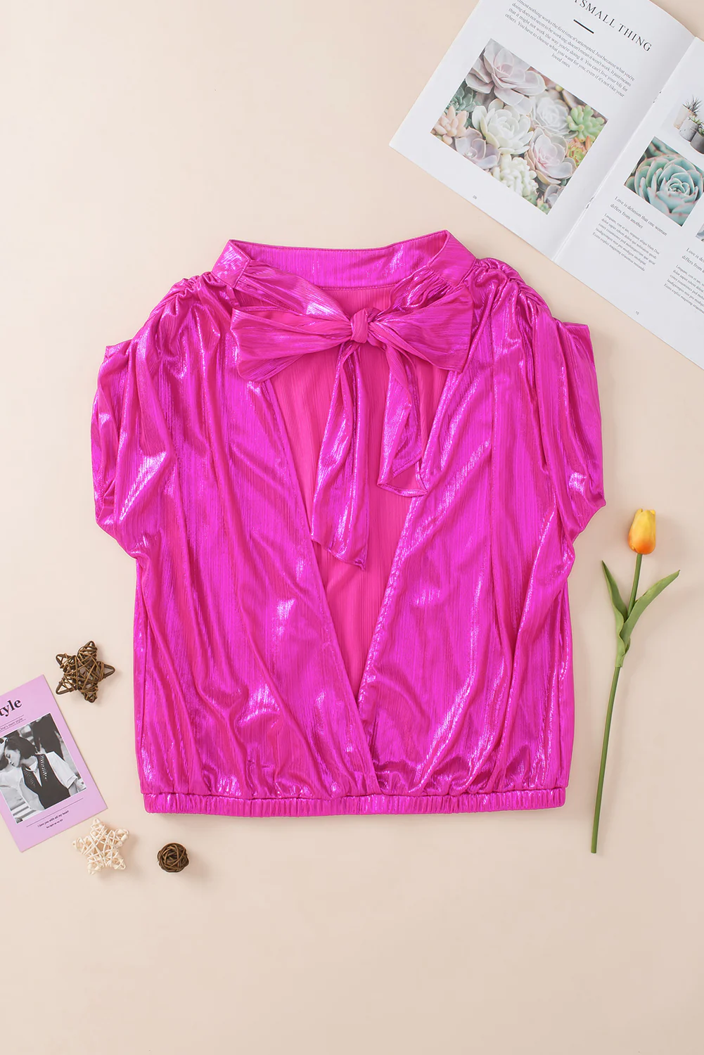Tied Backless Round Neck Cap Sleeve Blouse - Image 5