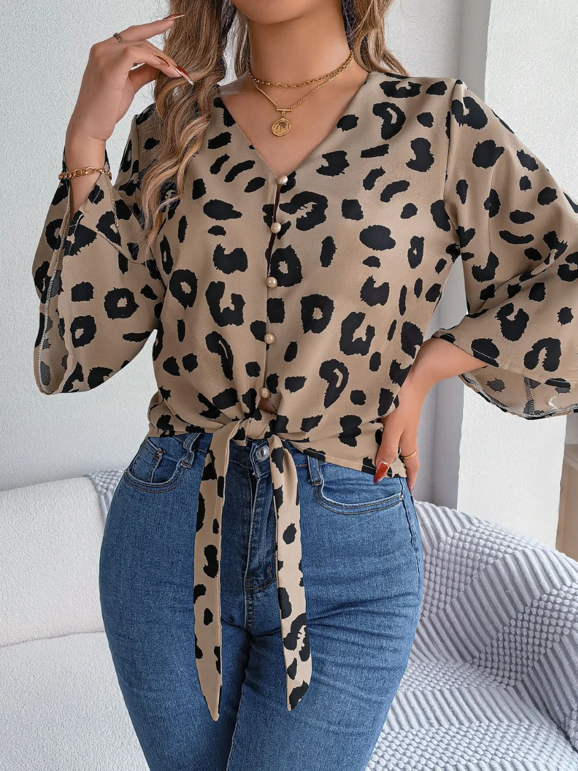 Tied Button Up Leopard V-Neck Blouse - Image 7