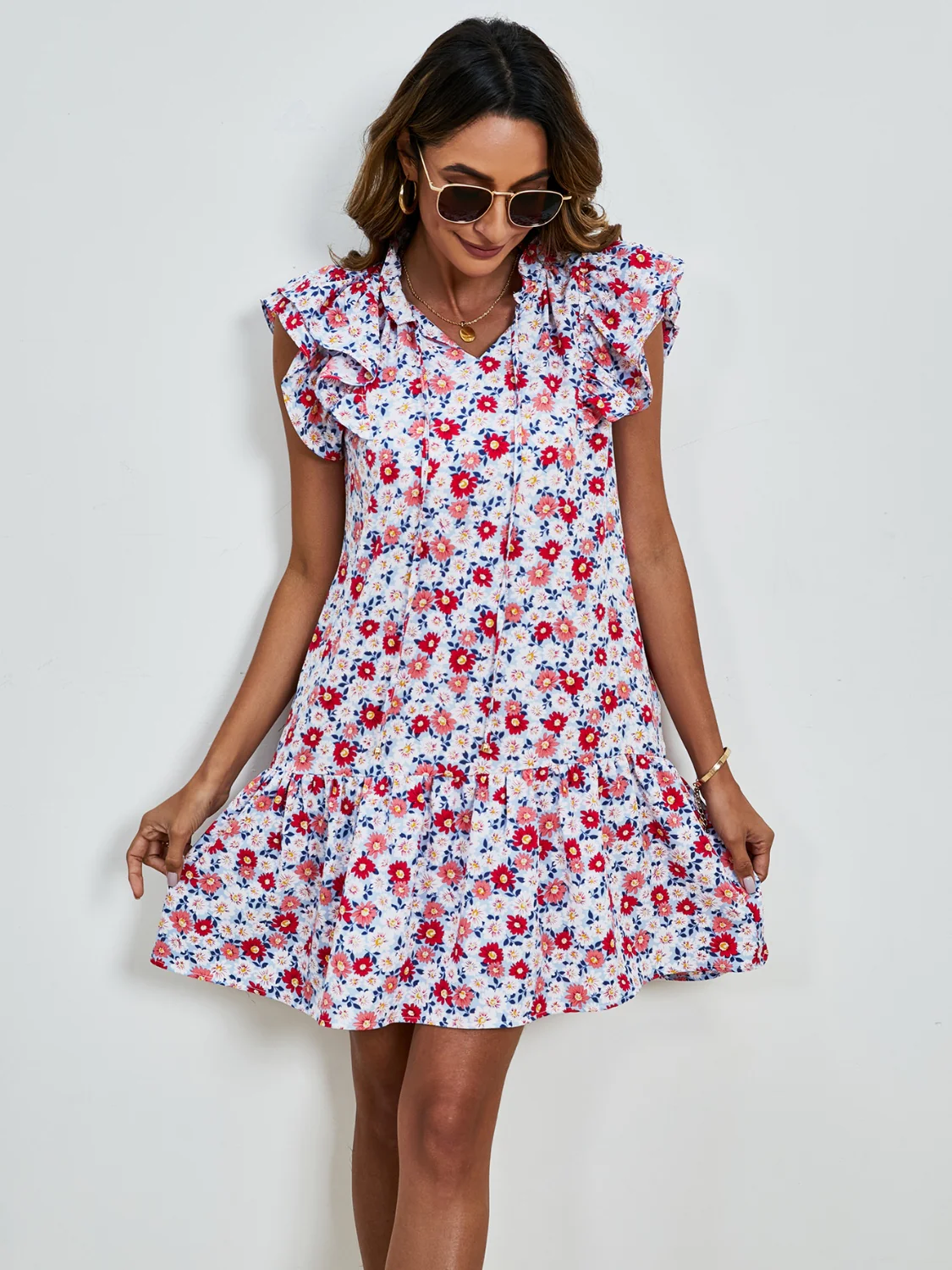 Tied Floral Cap Sleeve Mini Dress - Image 7