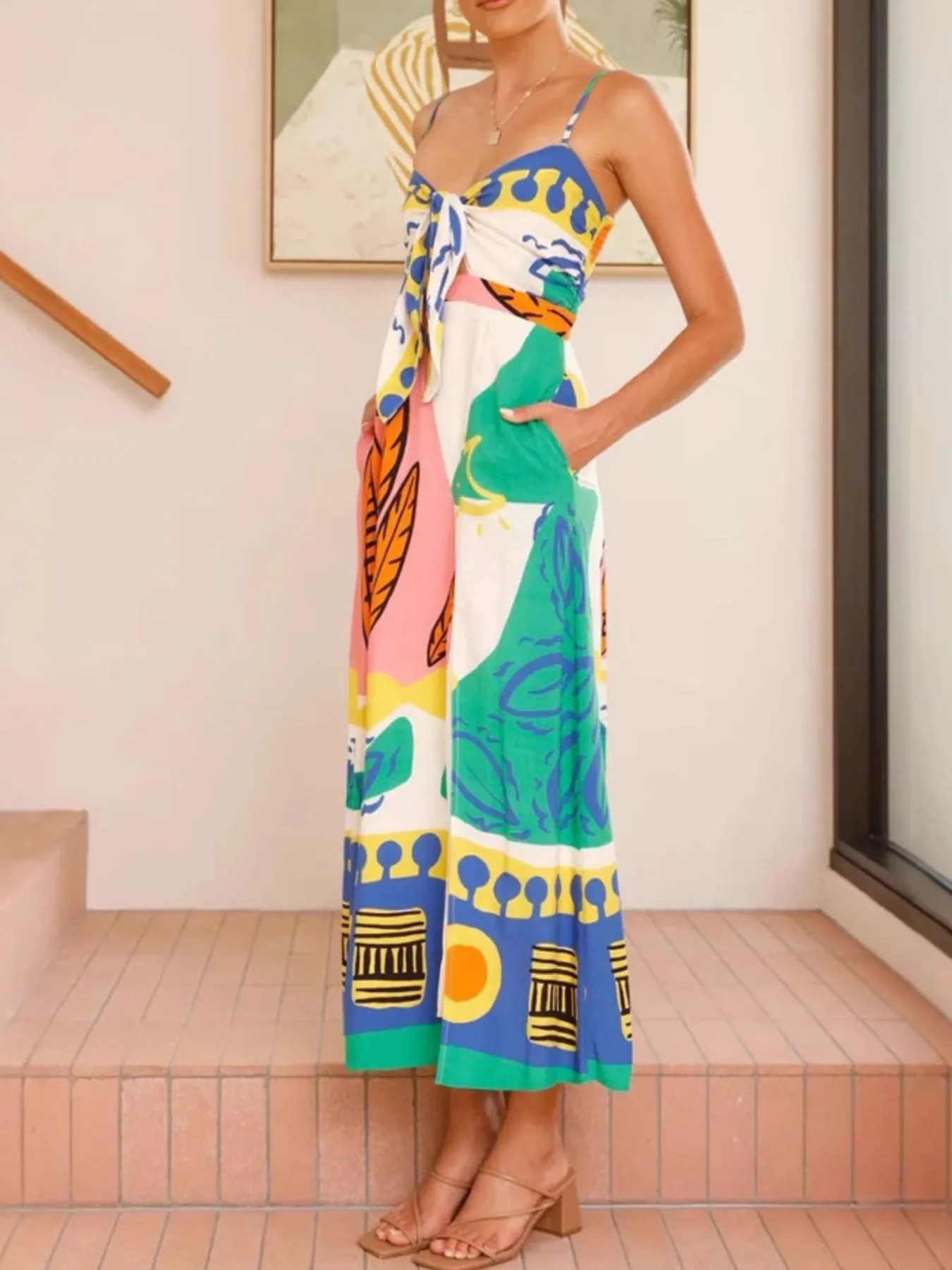 Tied Front Printed Slit Maxi Cami Dress - Image 2