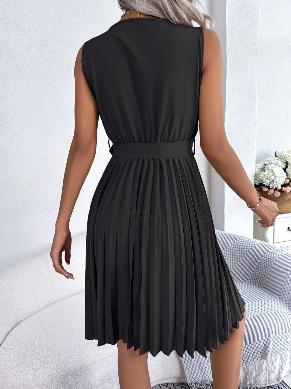Tied Surplice Sleeveless Pleated Dress - Image 2