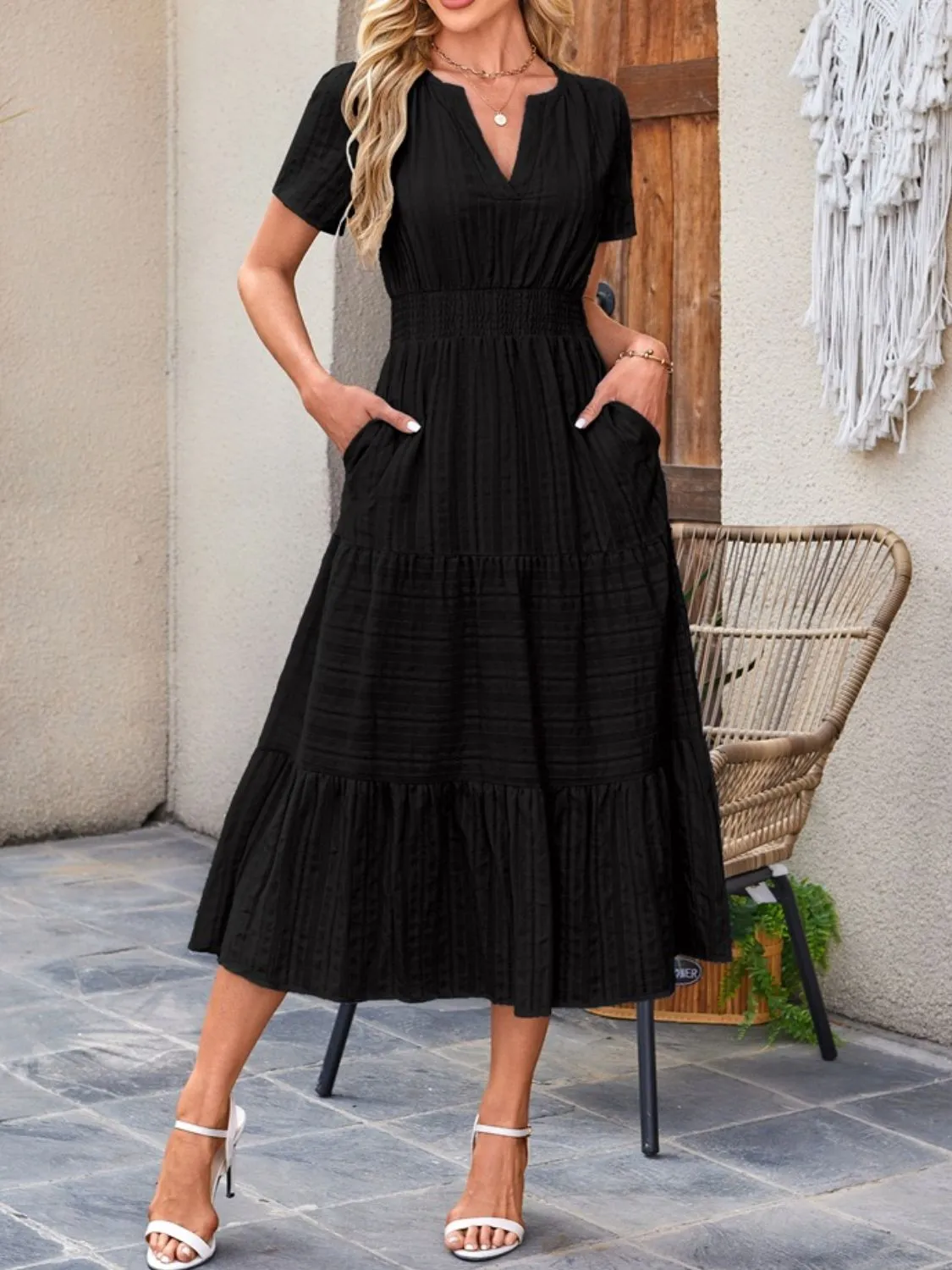 Tiered Notched Short Sleeve Dress - Image 10