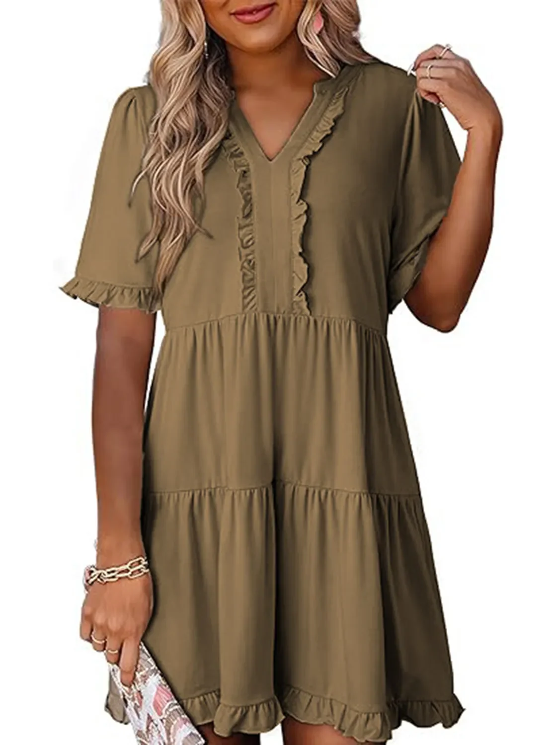 Tiered Notched Short Sleeve Mini Dress - Image 13