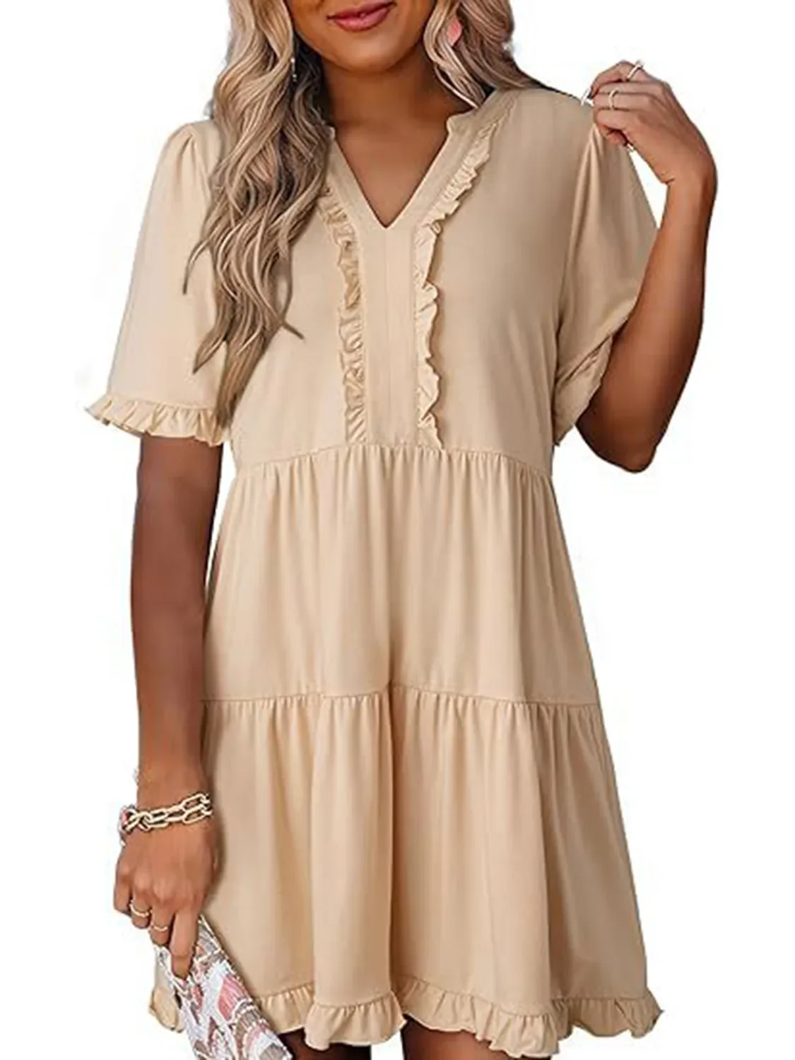 Tiered Notched Short Sleeve Mini Dress - Image 17