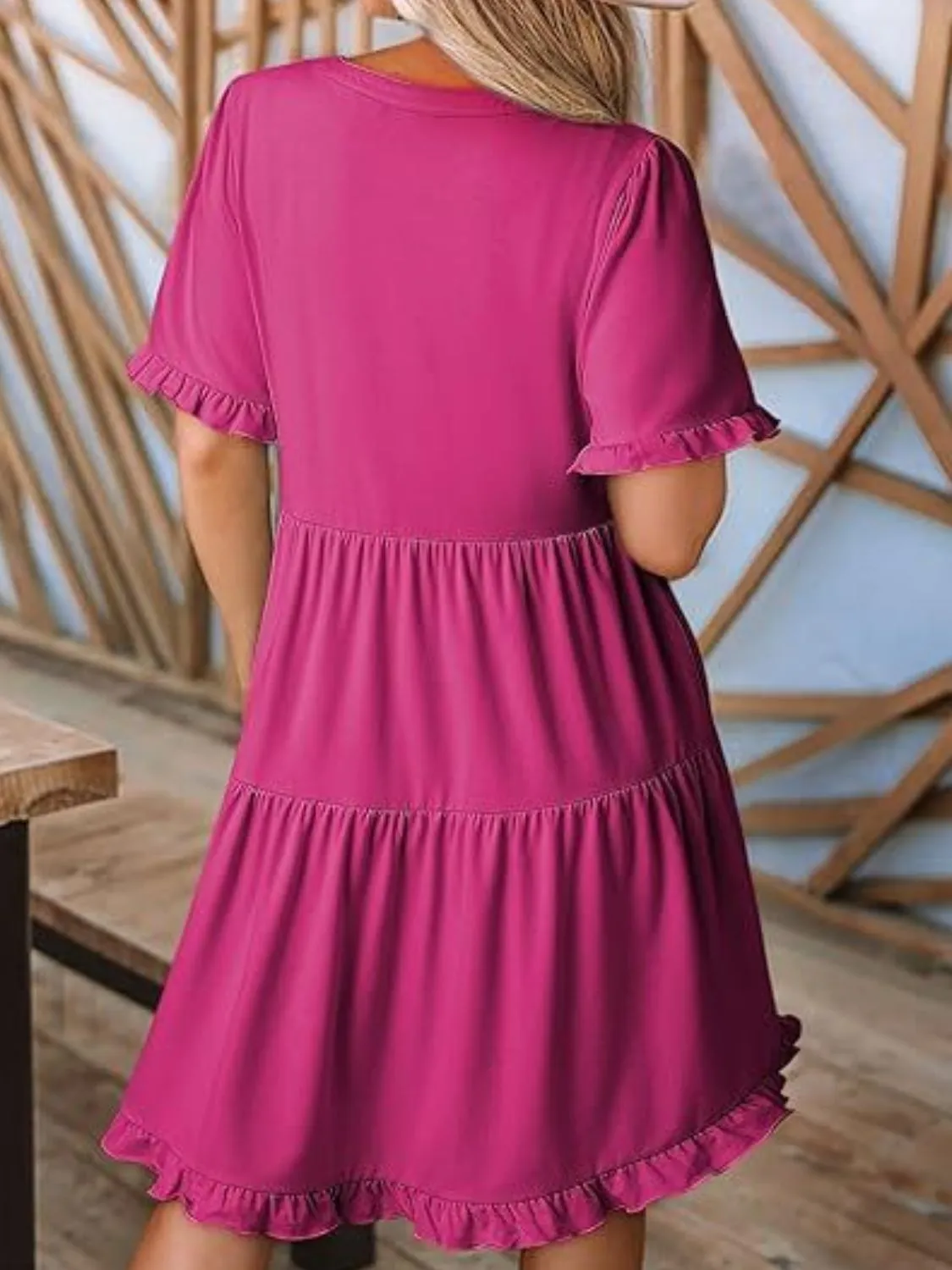 Tiered Notched Short Sleeve Mini Dress - Image 9
