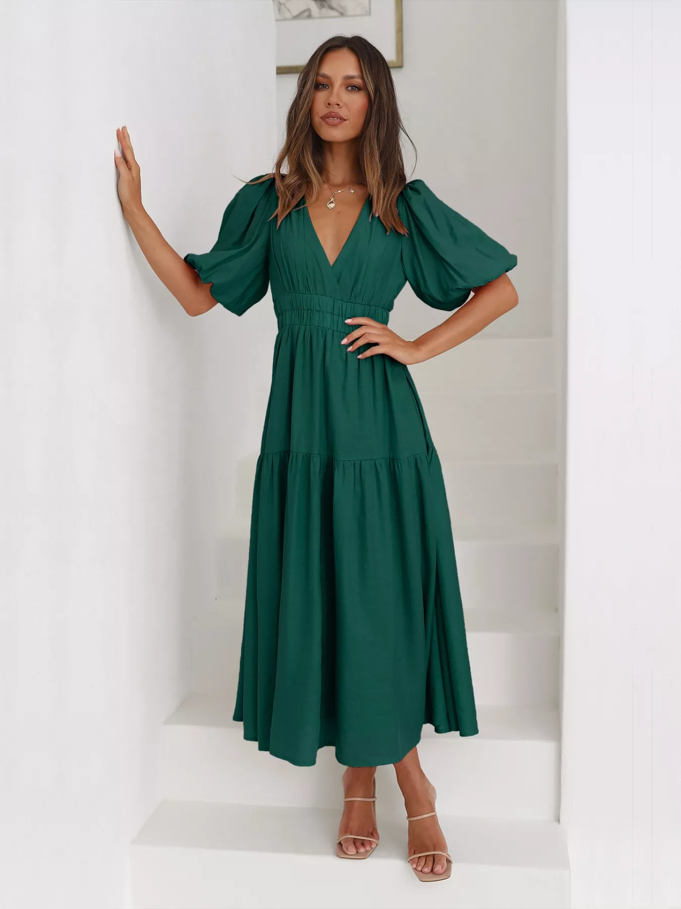 Tiered Puff Sleeve Midi Dress - Image 9
