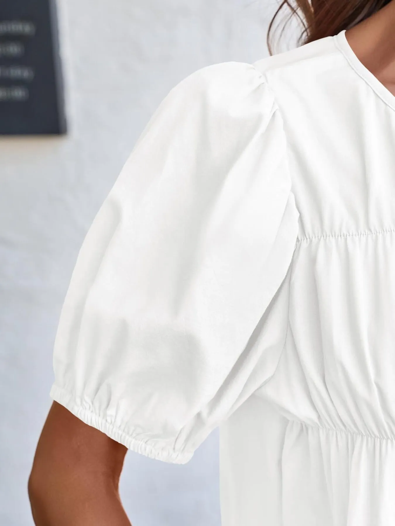 Tiered Round Neck Puff Sleeve Ruched Blouse - Image 6
