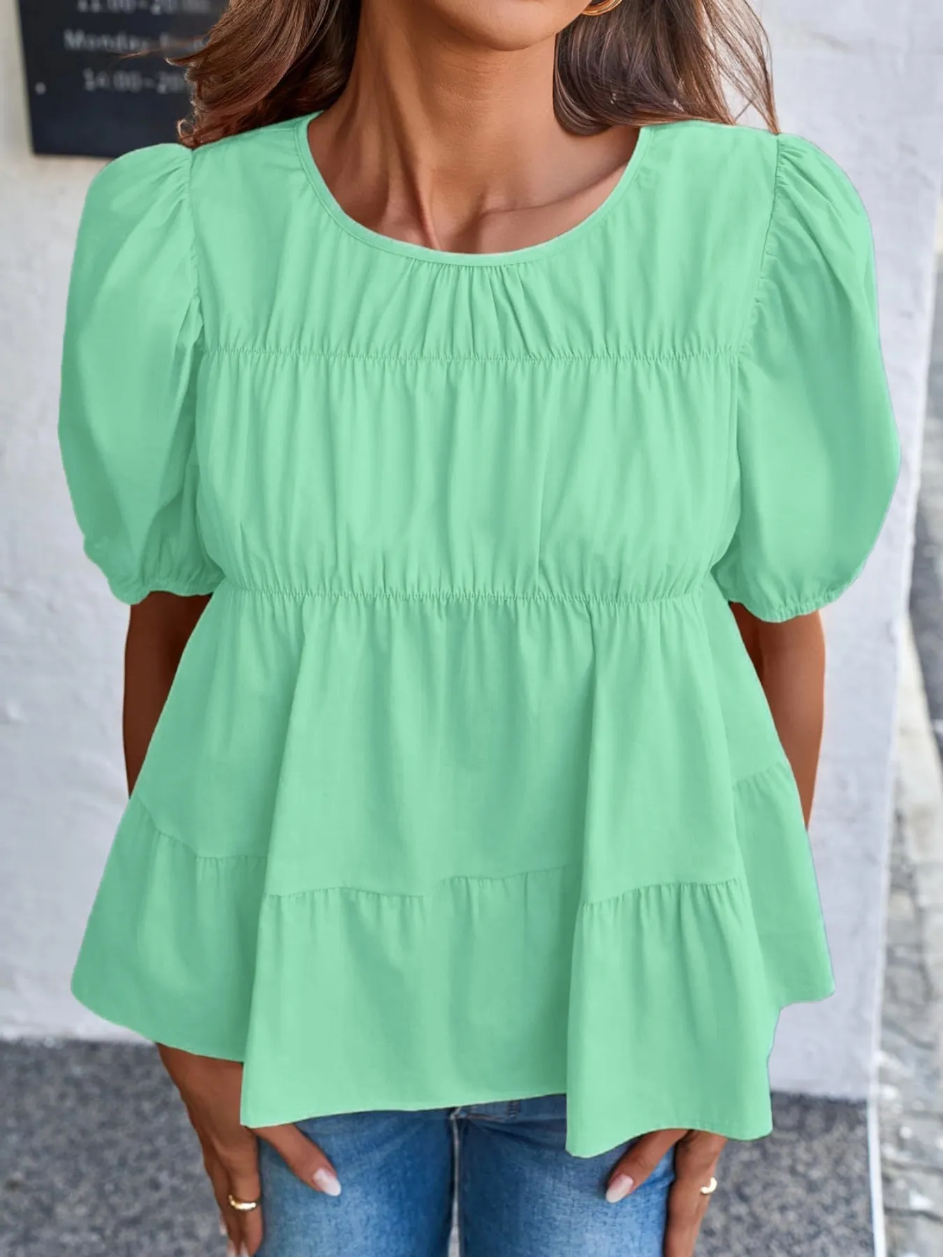 Tiered Round Neck Puff Sleeve Ruched Blouse - Image 9