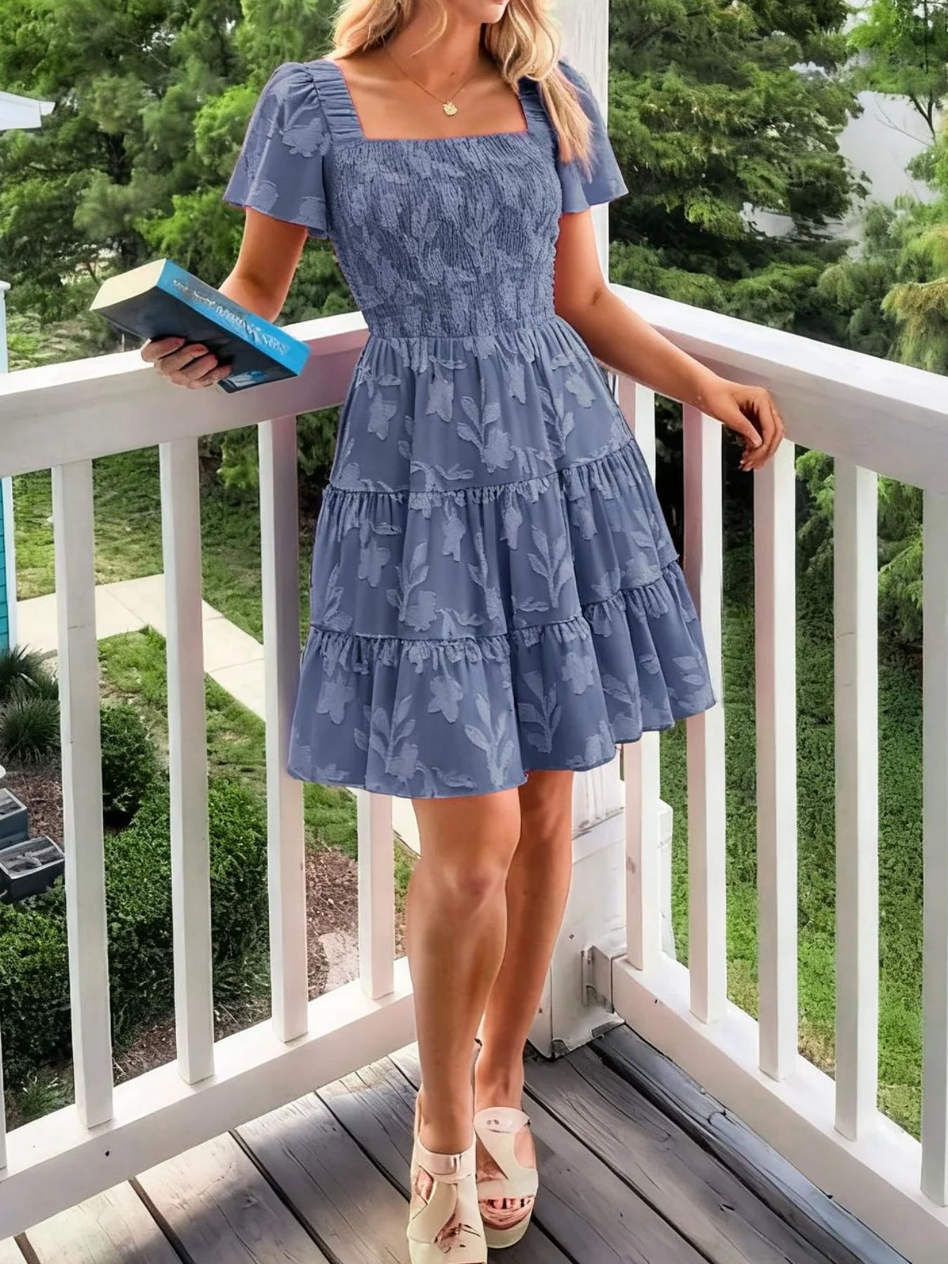 Tiered Square Neck Short Sleeve Dress - Image 23