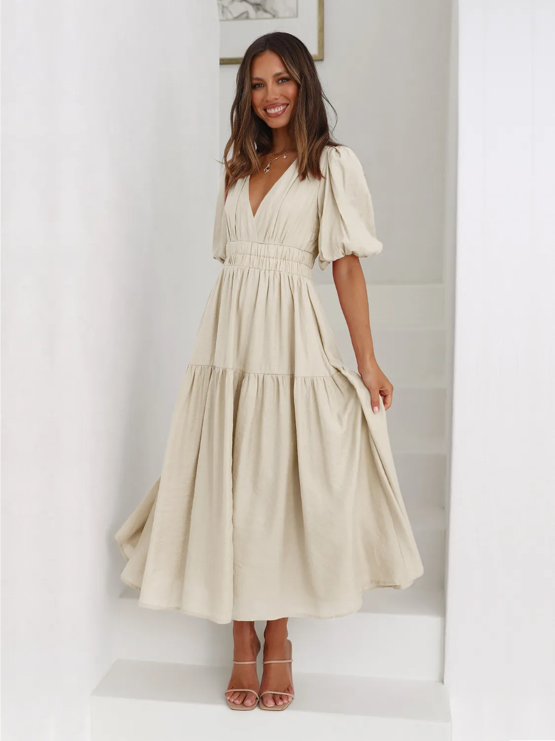 Tiered Surplice Half Sleeve Midi Dress