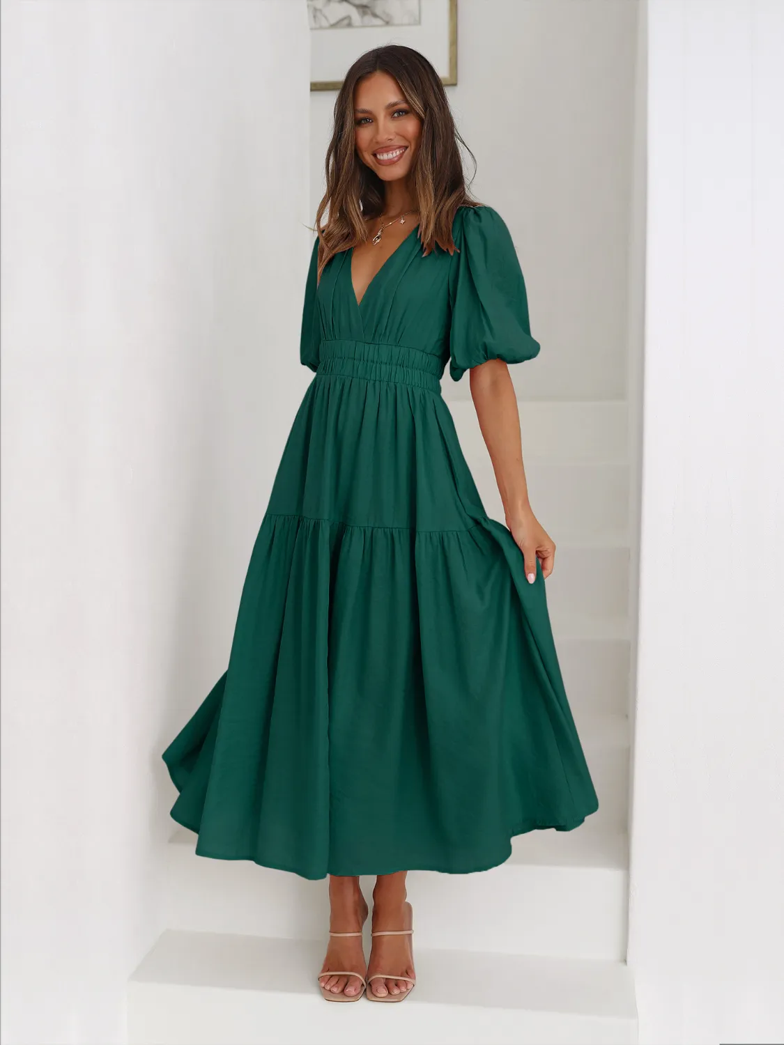 Tiered Surplice Half Sleeve Midi Dress - Image 8