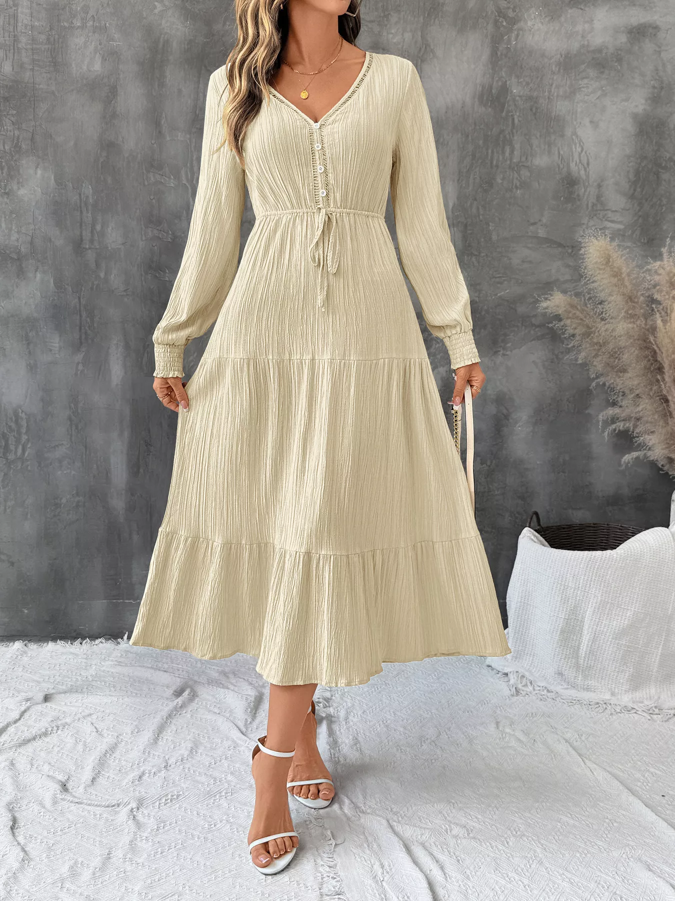 Tiered V-Neck Long Sleeve Dress - Image 2