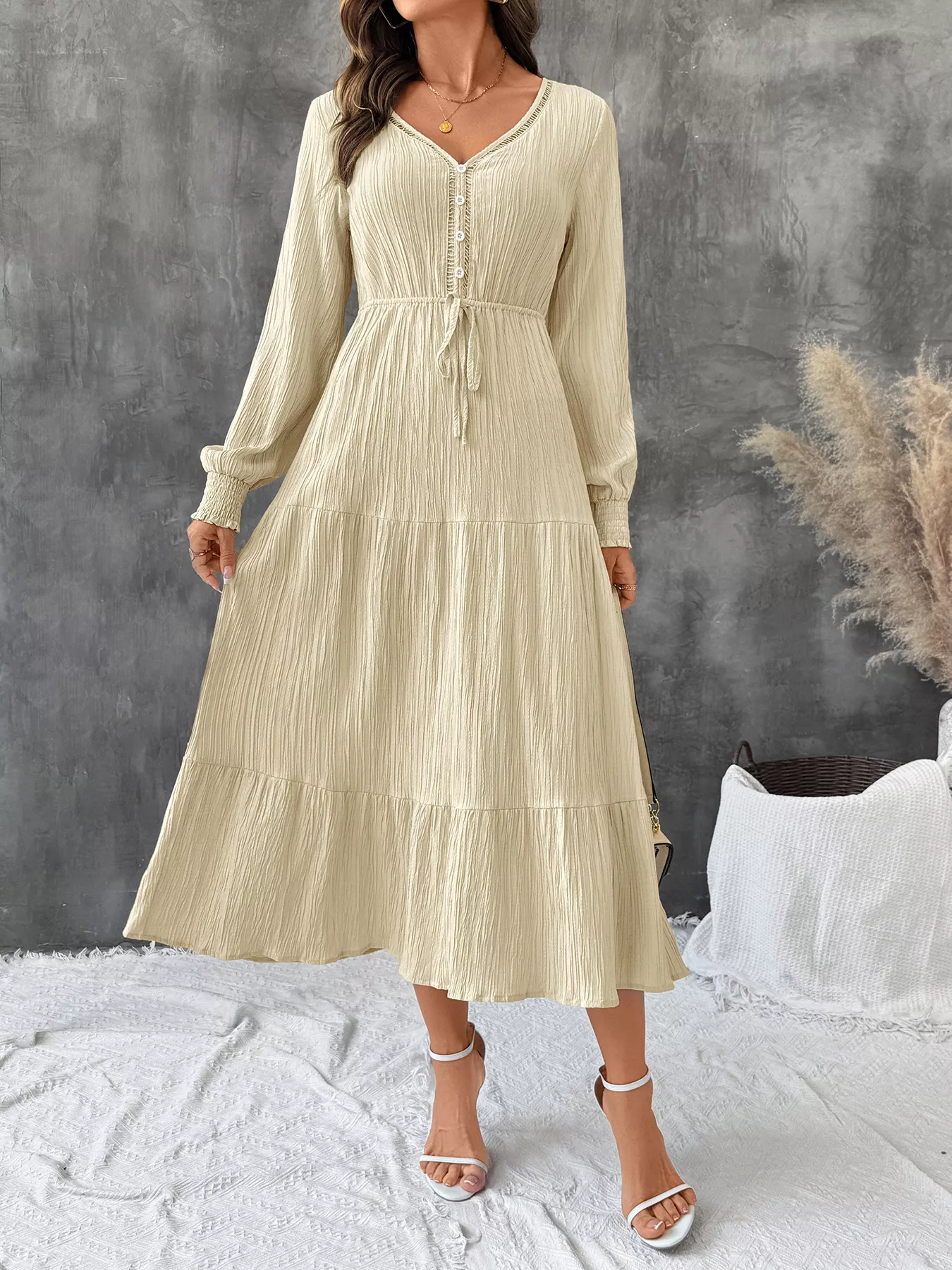 Tiered V-Neck Long Sleeve Dress - Image 3