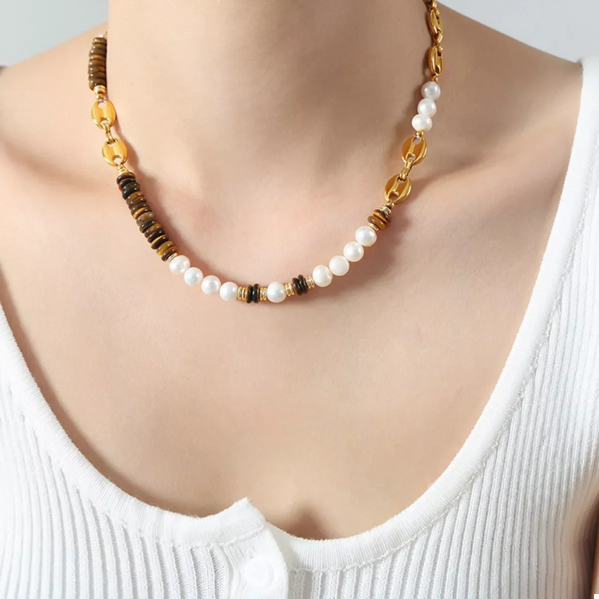 Tiger's Eye Freshwater Pearl 18K Gold-Plated Bead Necklace