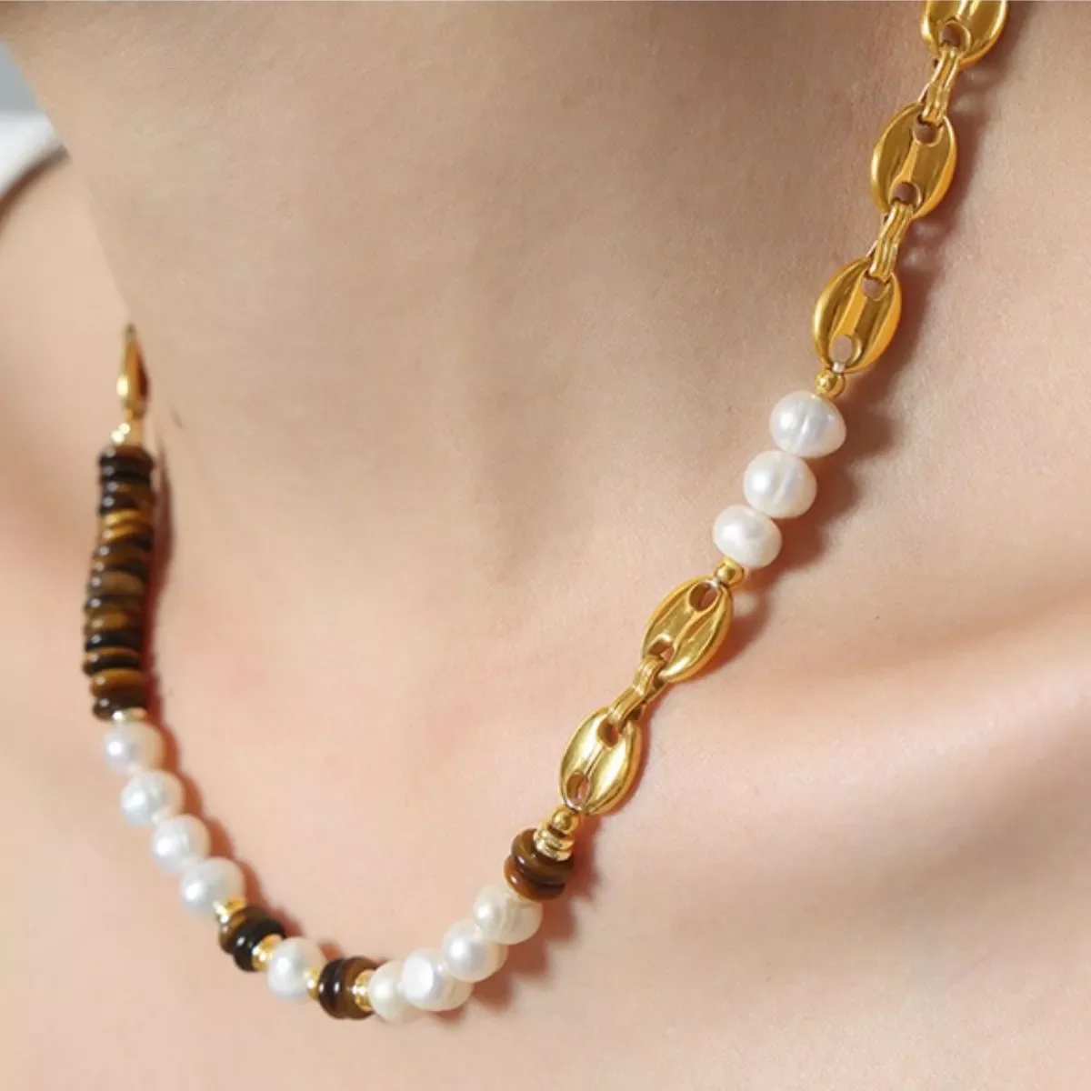 Tiger's Eye Freshwater Pearl 18K Gold-Plated Bead Necklace - Image 3