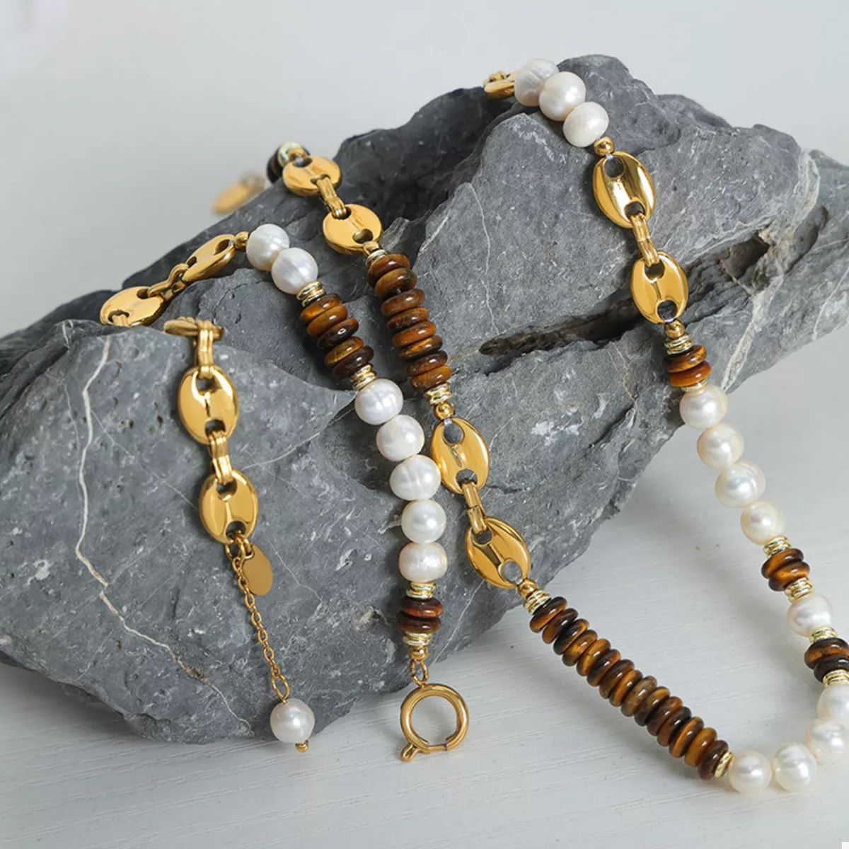 Tiger's Eye Freshwater Pearl 18K Gold-Plated Bead Necklace - Image 8