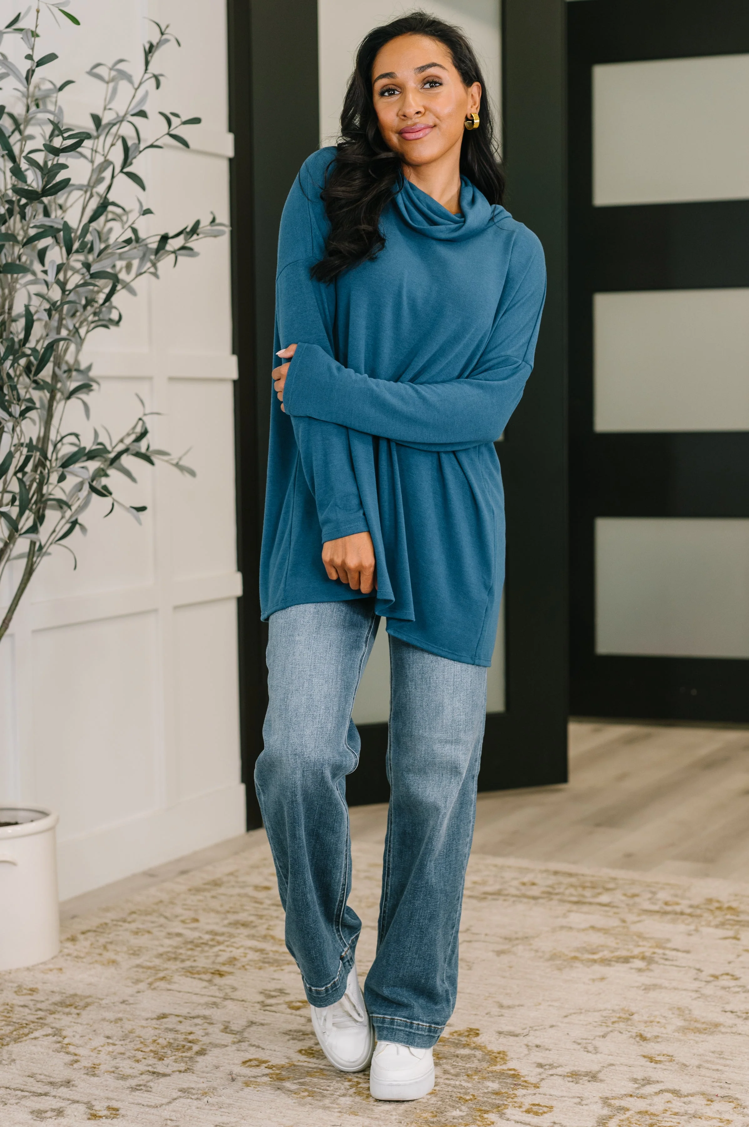 Travel Destination Cowl Neck Pullover in Dark Teal - Image 2
