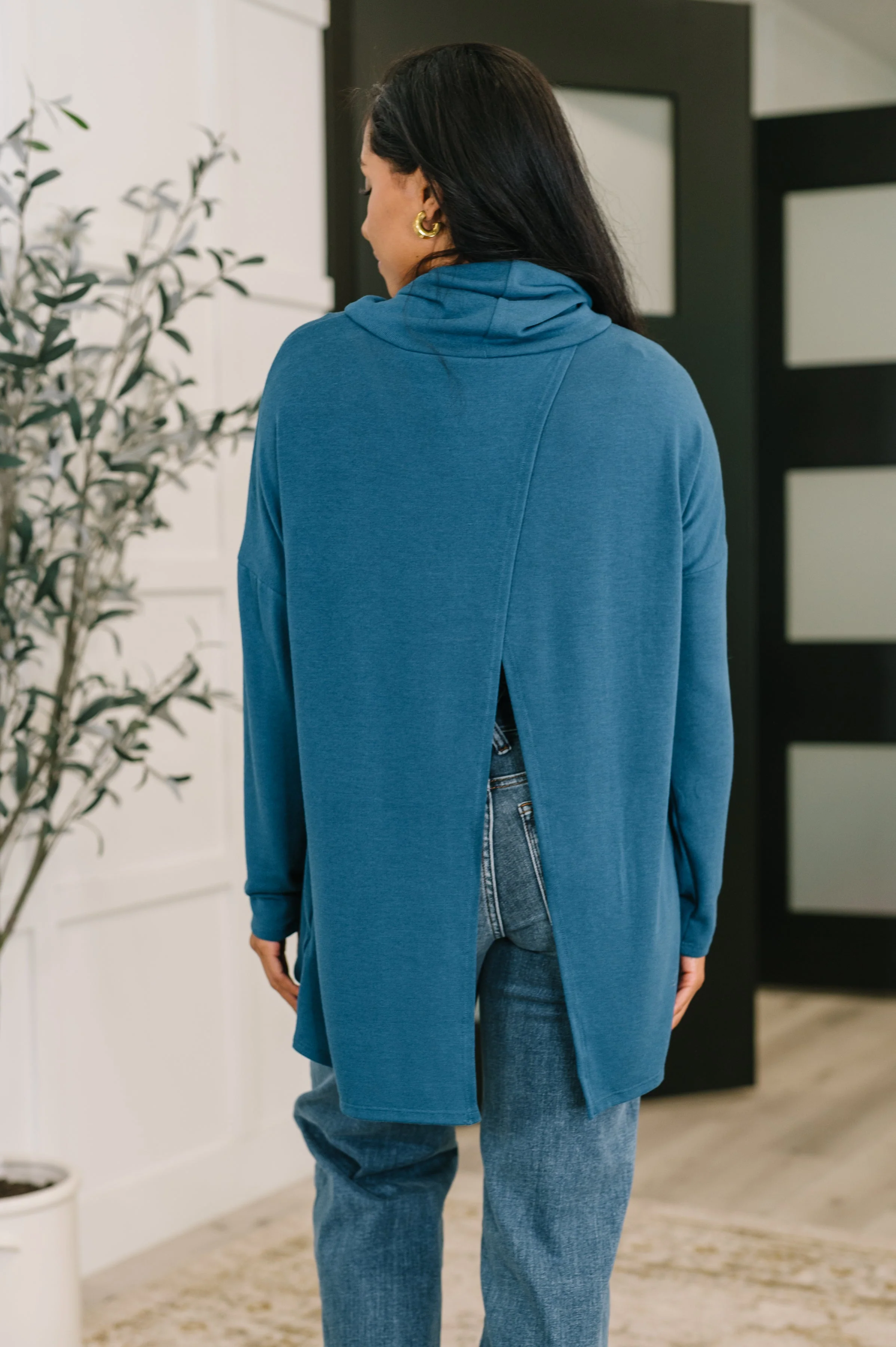 Travel Destination Cowl Neck Pullover in Dark Teal - Image 4