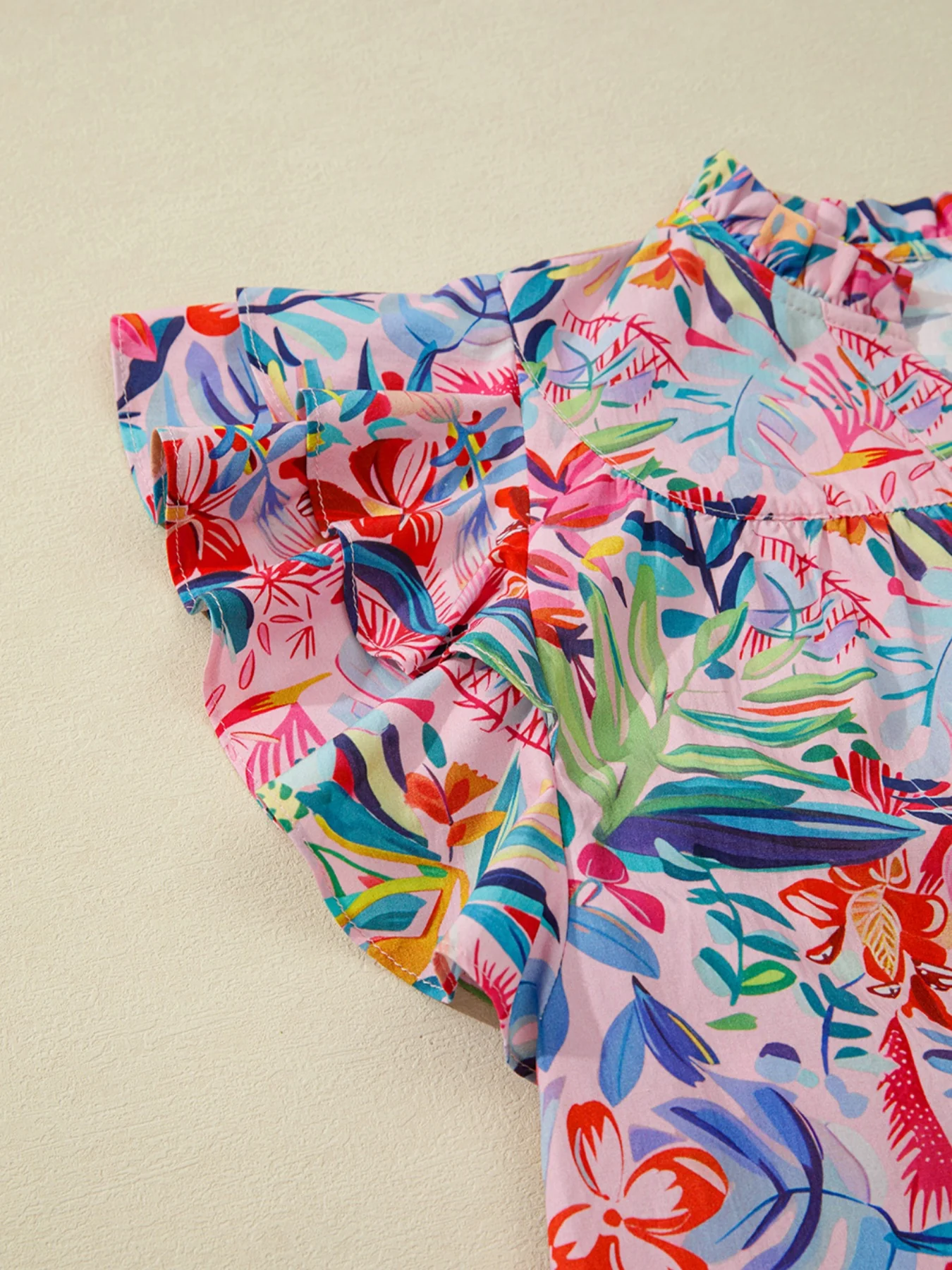 Tropical Floral Print Frilly Notched Neck Ruffled Short Sleeve Blouse - Image 9