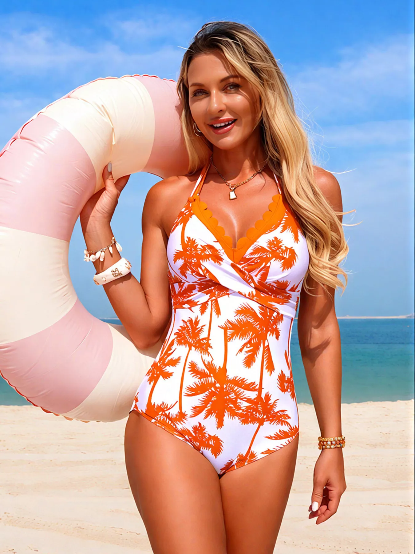 Tropical Palm Print Halter Neck One-Piece Swimsuit - Image 16