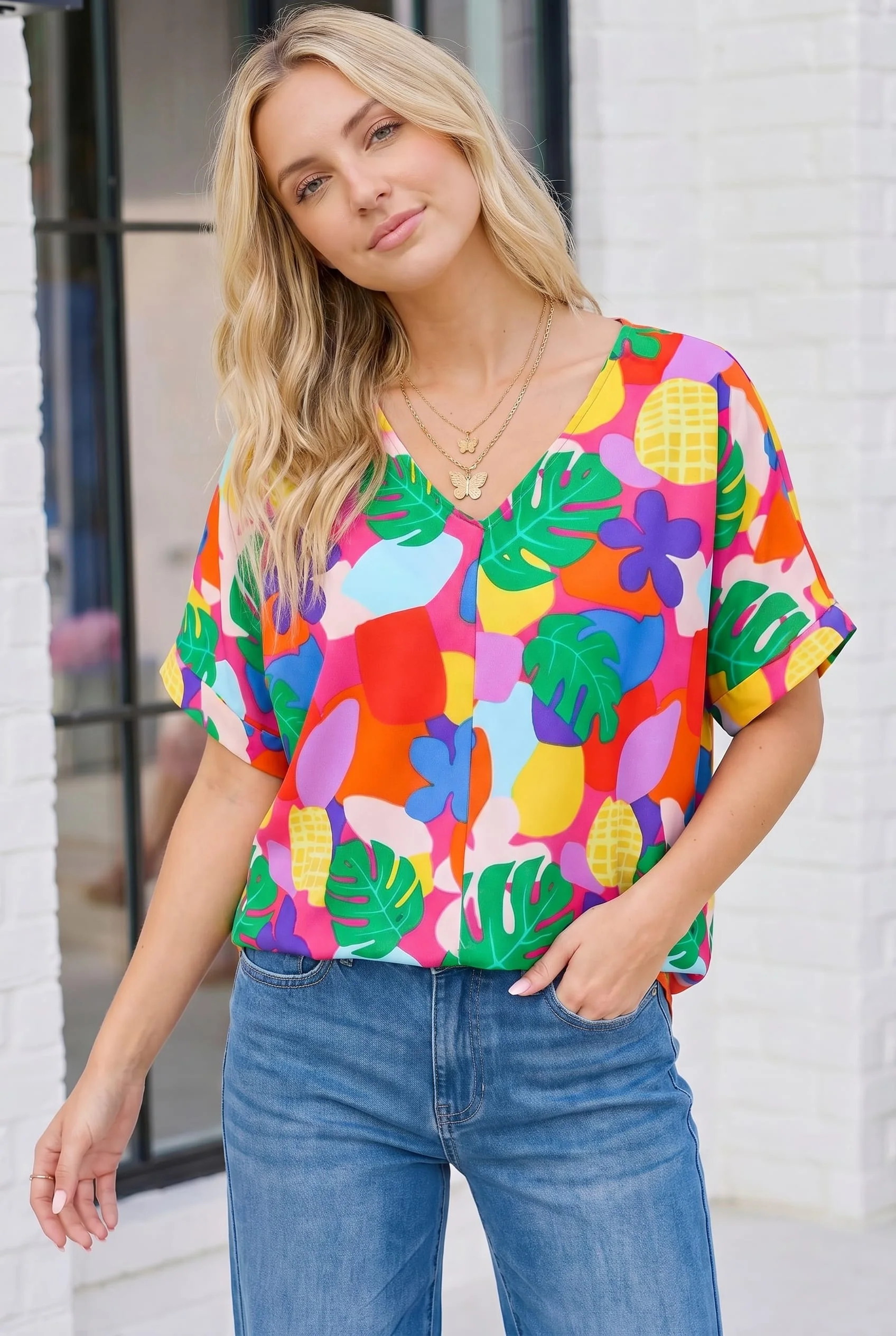 Tropical Pop Art V-Neck Top - Image 2