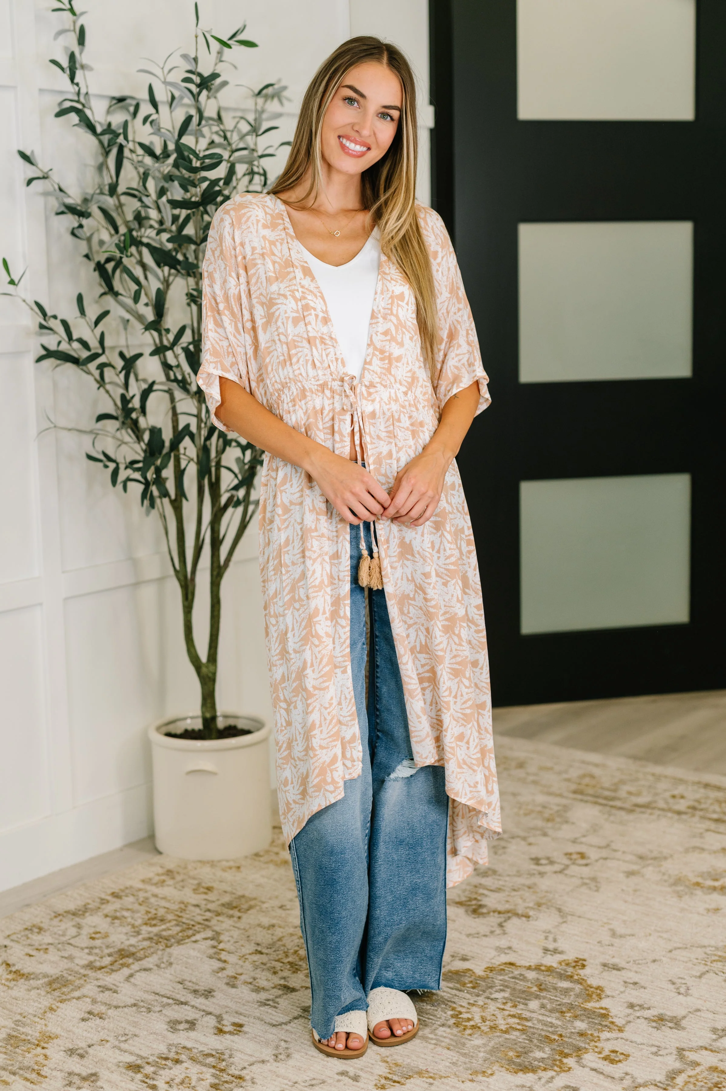 Tropical Print Gauze Kimono with Elastic Waist Tie in Milk Tea - Image 11