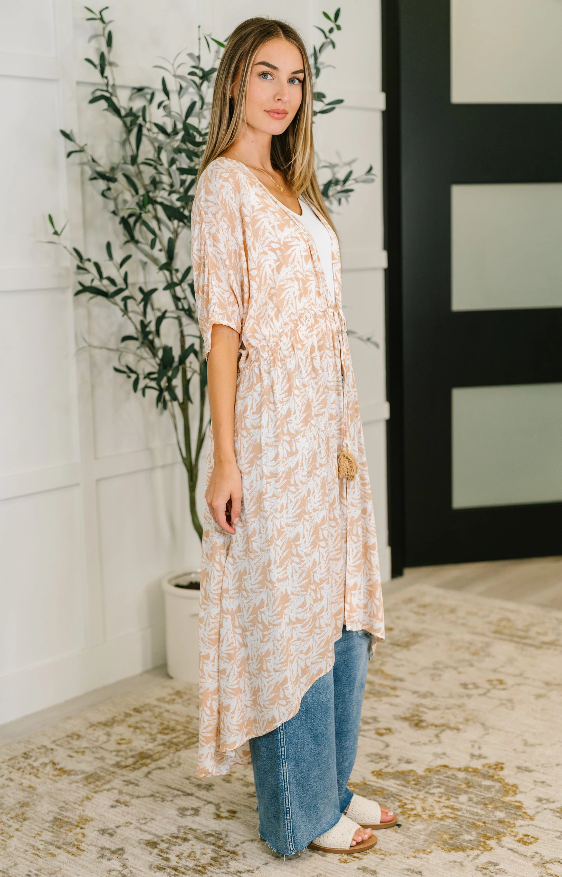 Tropical Print Gauze Kimono with Elastic Waist Tie in Milk Tea - Image 13
