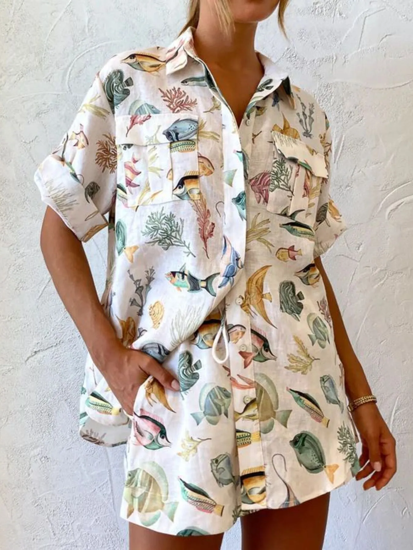 Tropical Print Oversized Button-Up Shirt and Shorts Set - Image 3