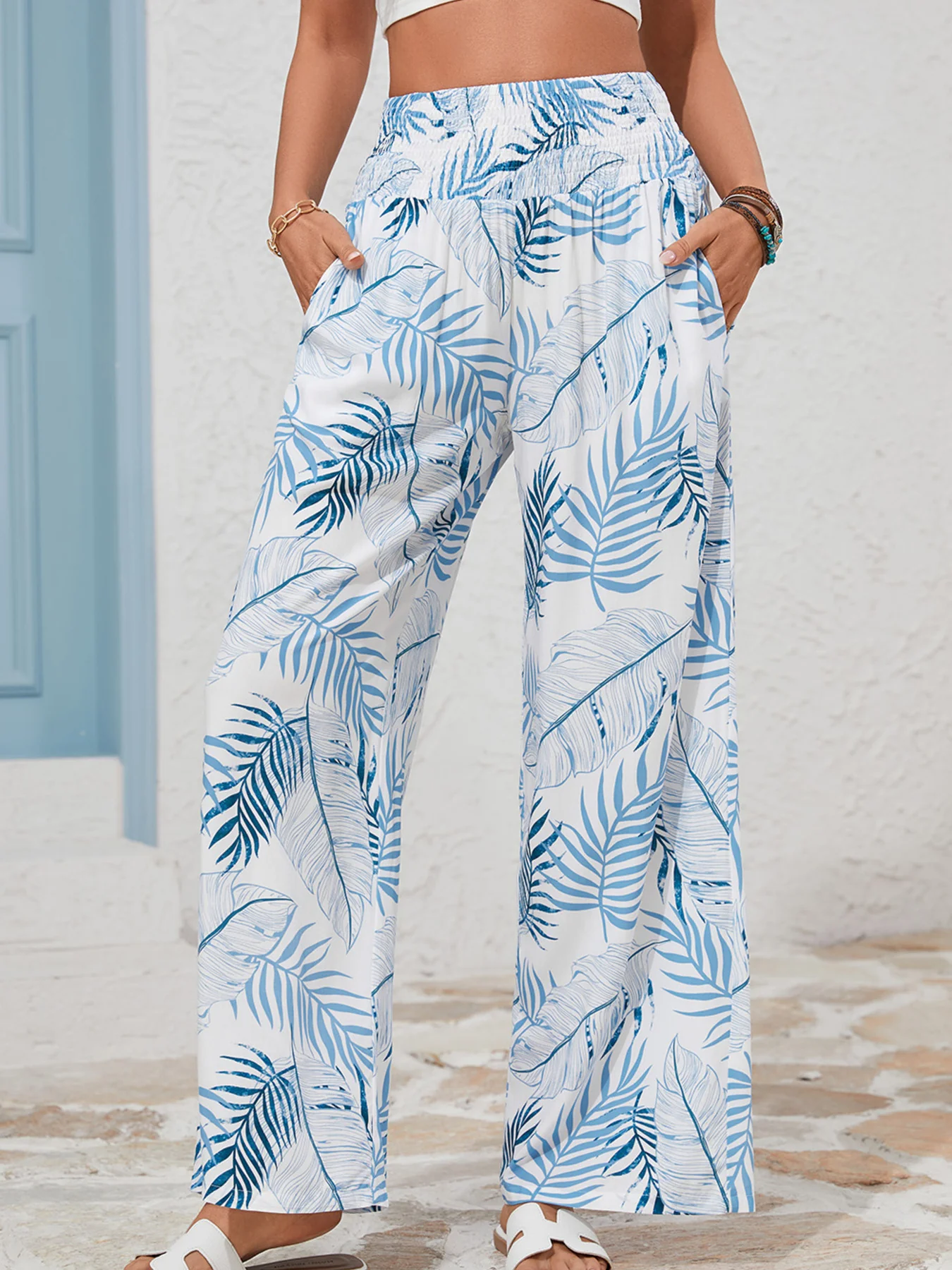 Tropical Print Shirred Waistband Wide Leg Pants - Image 3