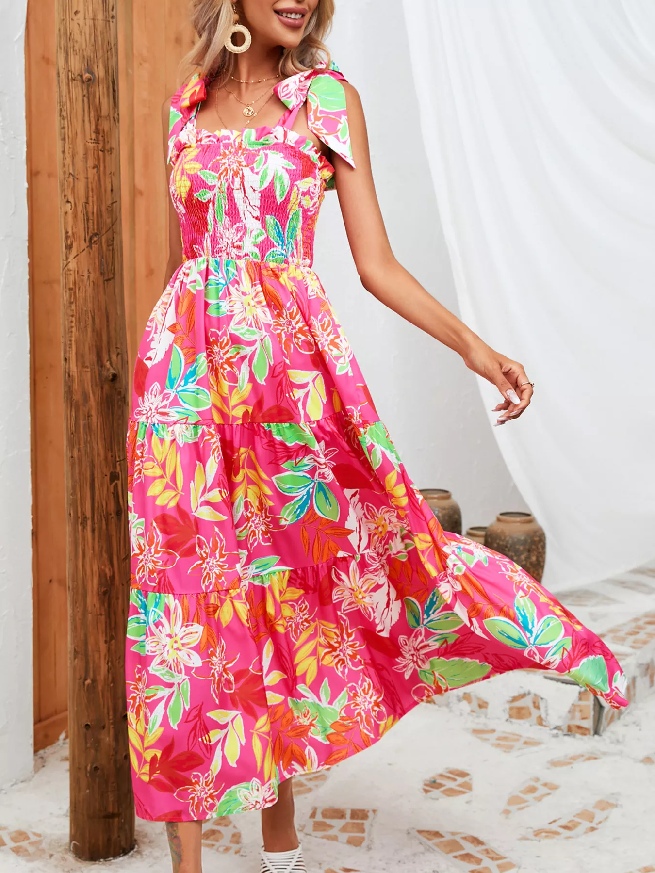 Tropical Print Smocked Tie-Strap Dress - Image 13