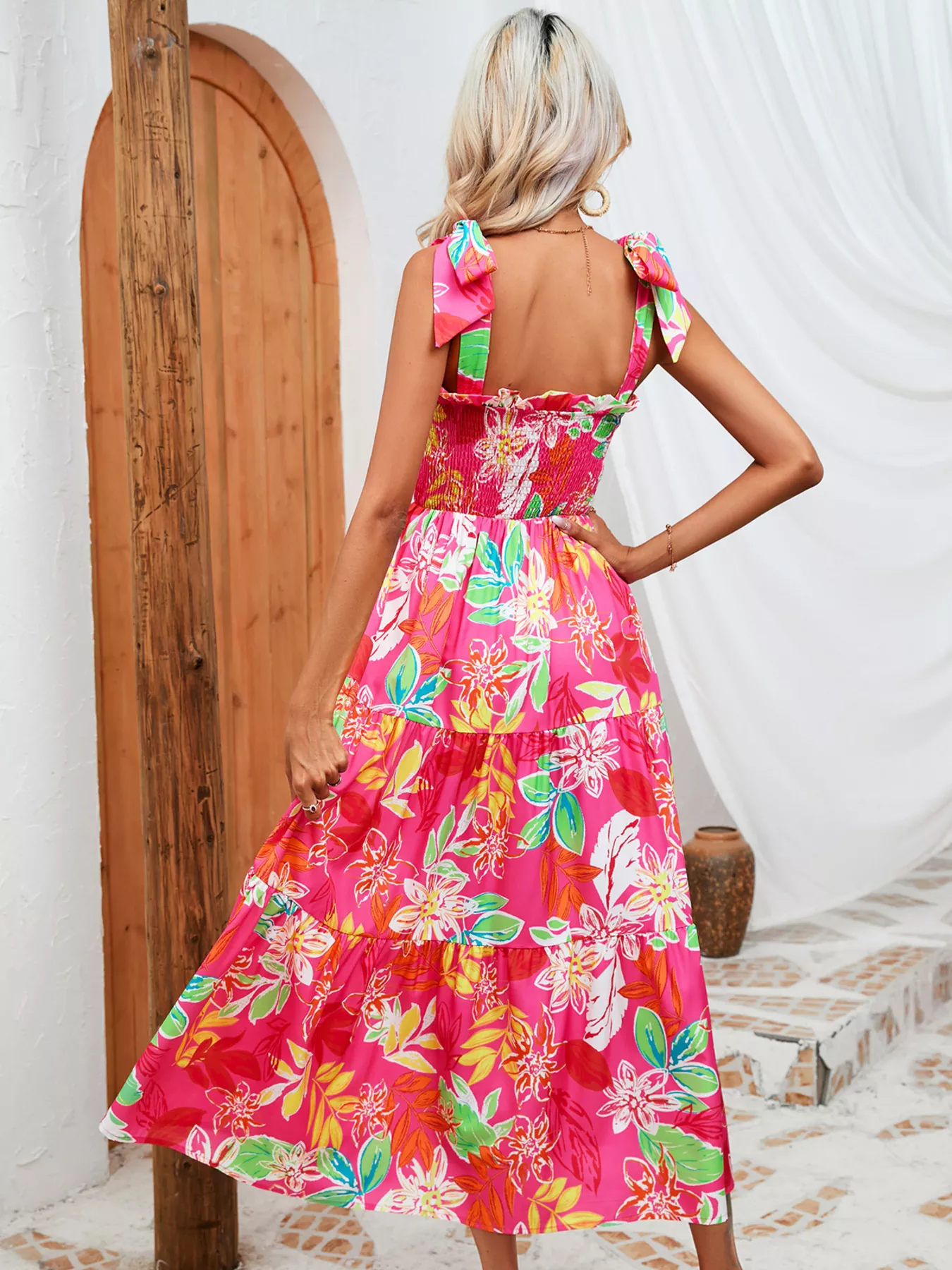 Tropical Print Smocked Tie-Strap Dress - Image 14