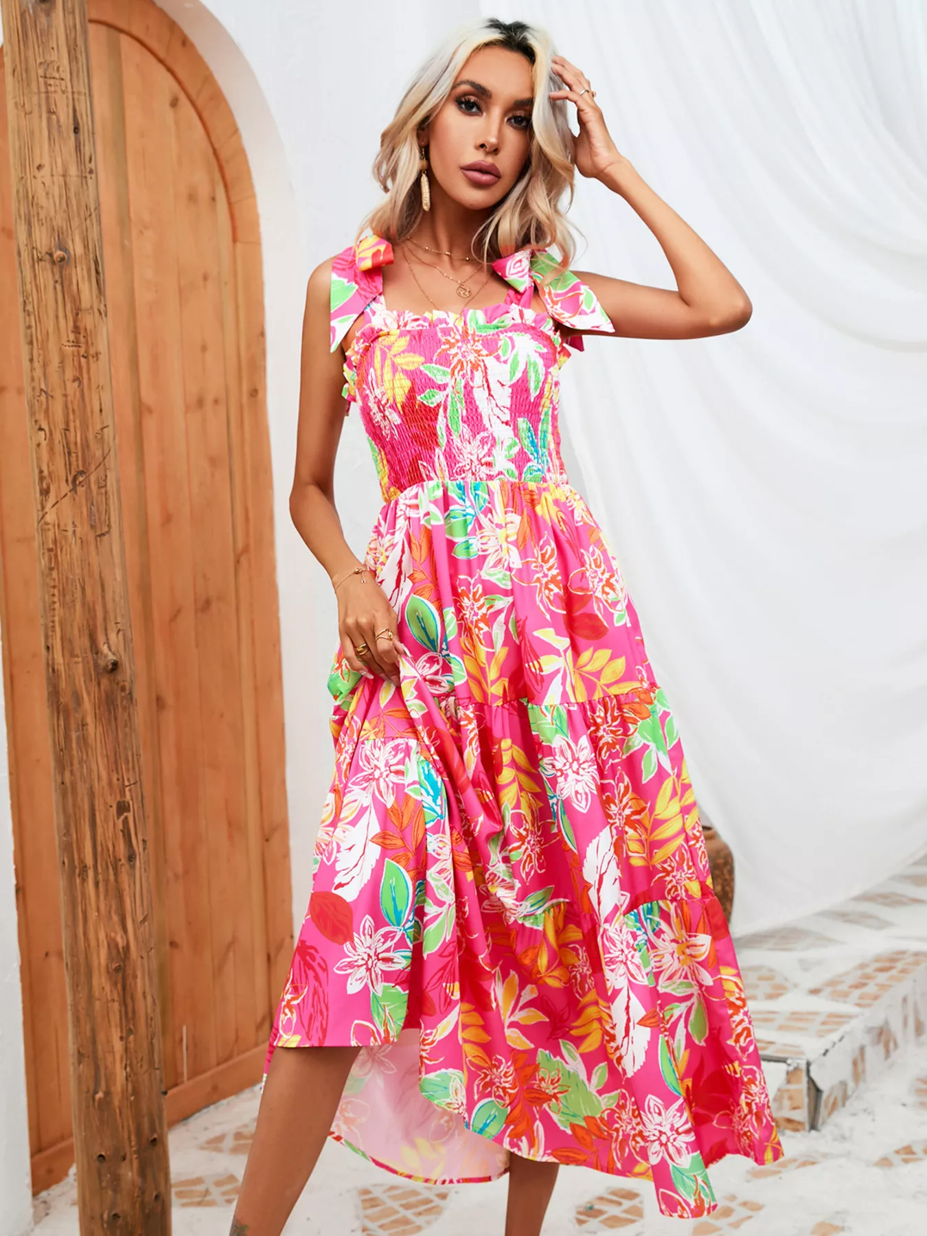 Tropical Print Smocked Tie-Strap Dress - Image 15