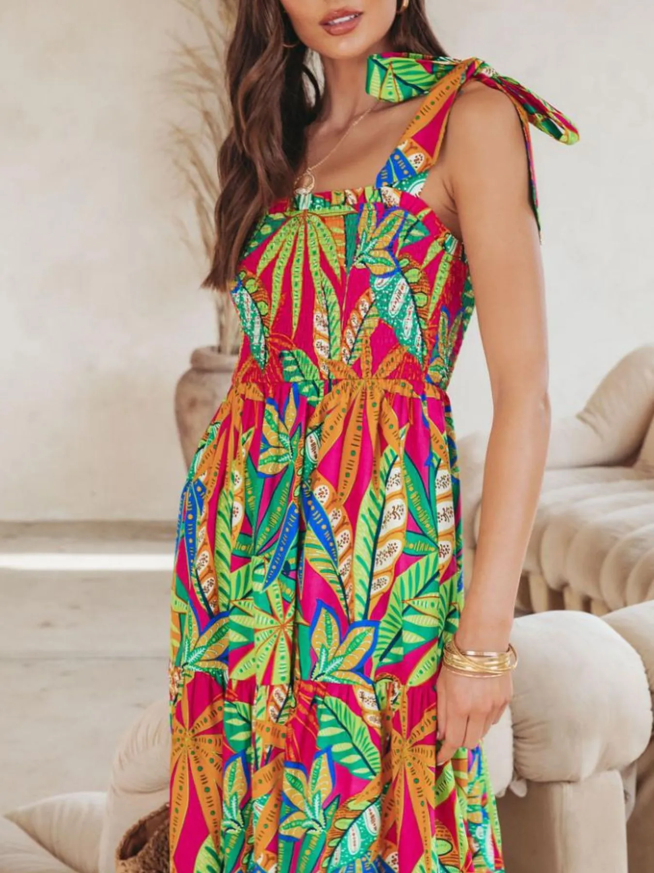 Tropical Print Tie Shoulder Maxi Dress - Image 4