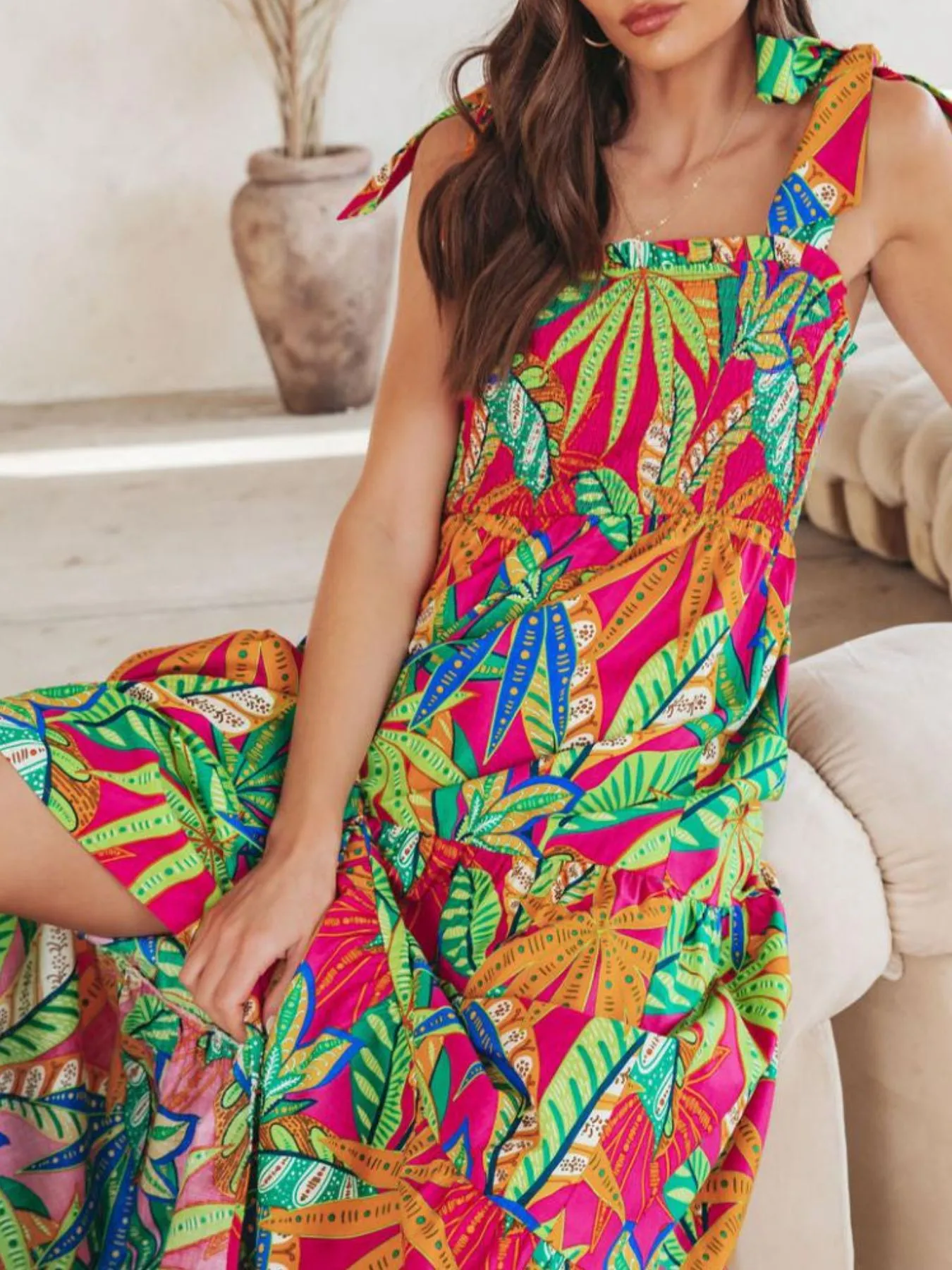 Tropical Print Tie Shoulder Maxi Dress - Image 7