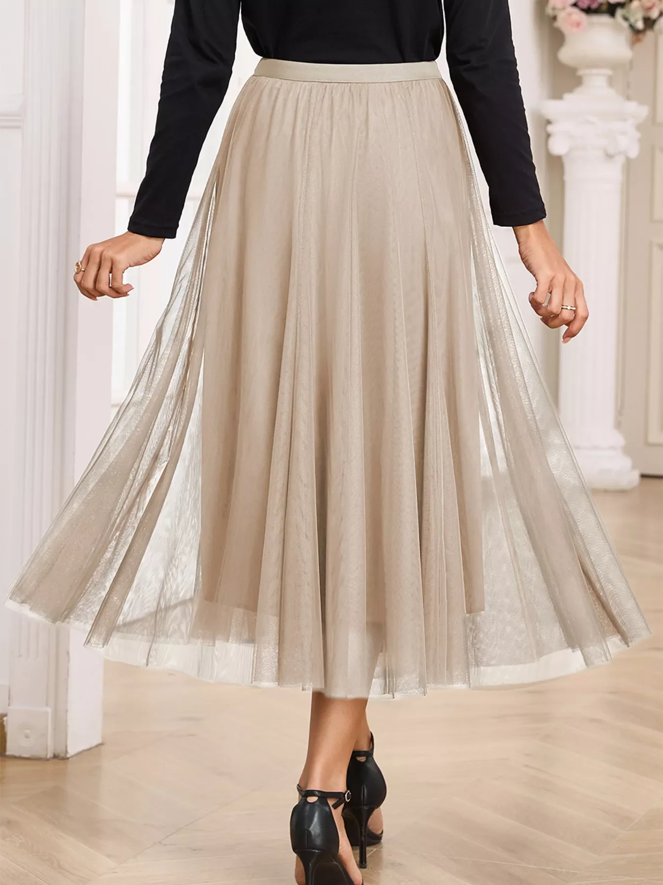 Tulle Mesh Overlay Flared Midi Skirt - Image 4