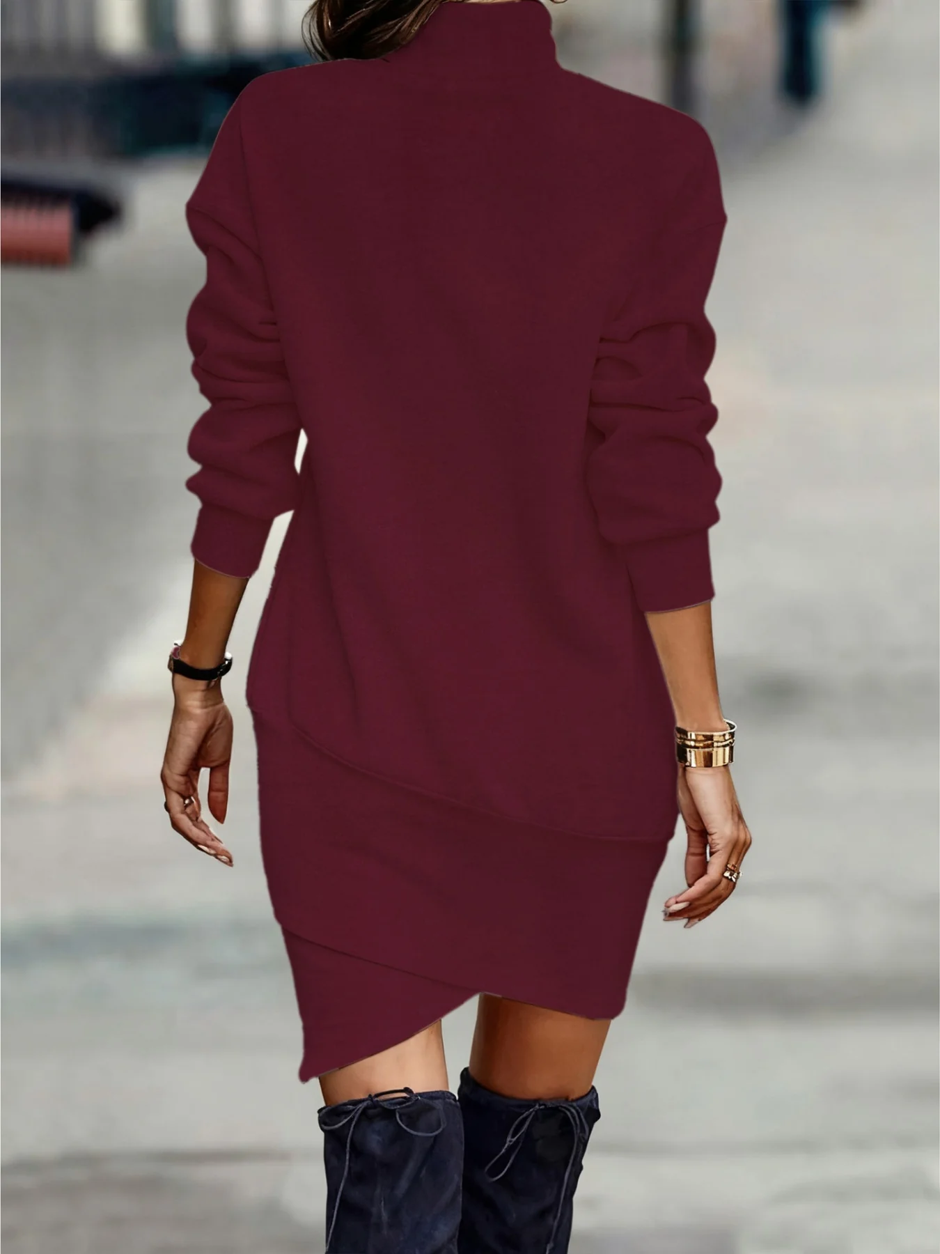 Turtleneck Long Sleeve Asymmetrical Hem Mini Dress - Image 6