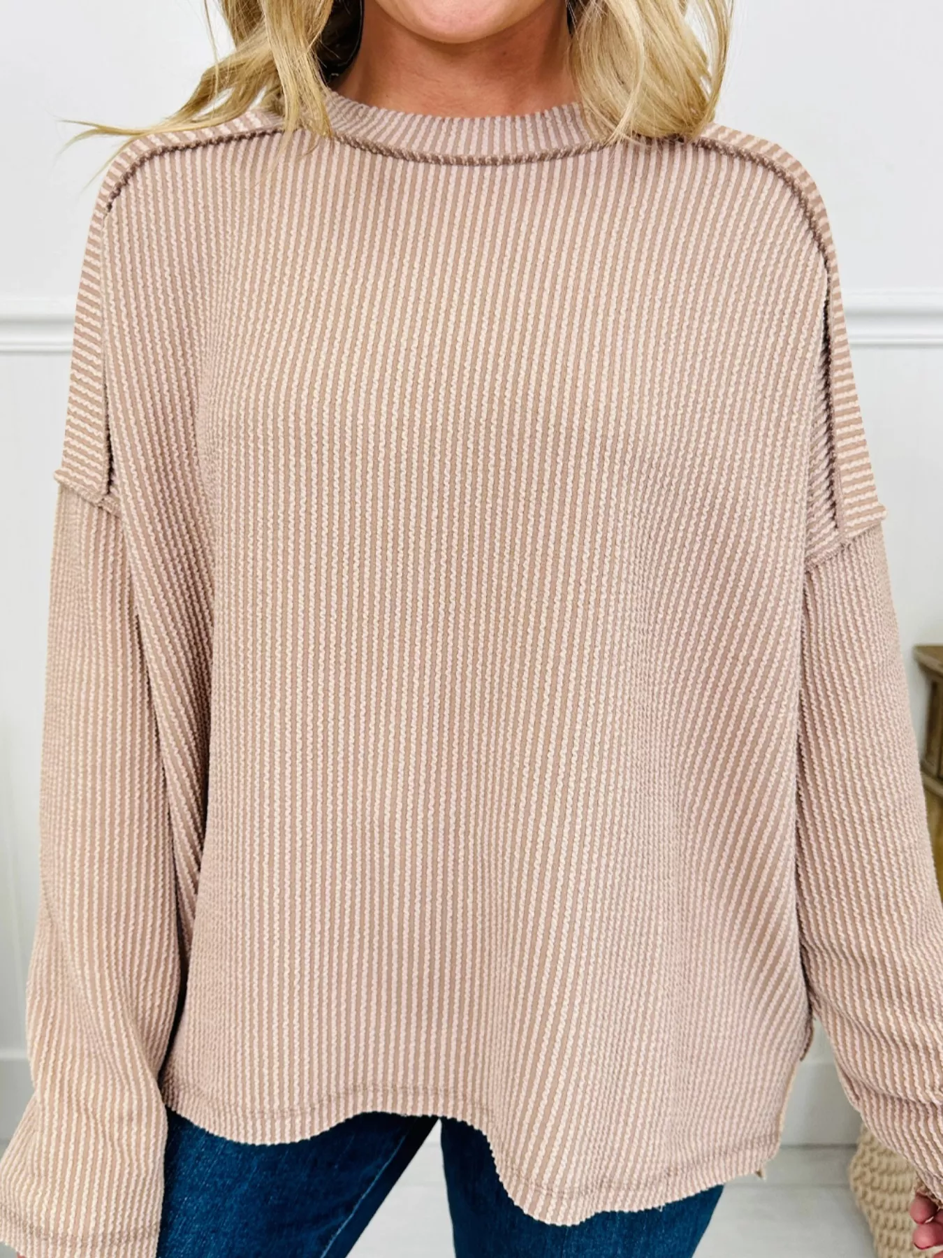 Twist Ribbed Exposed Seam Detail Long Sleeve Loose Top - Image 10