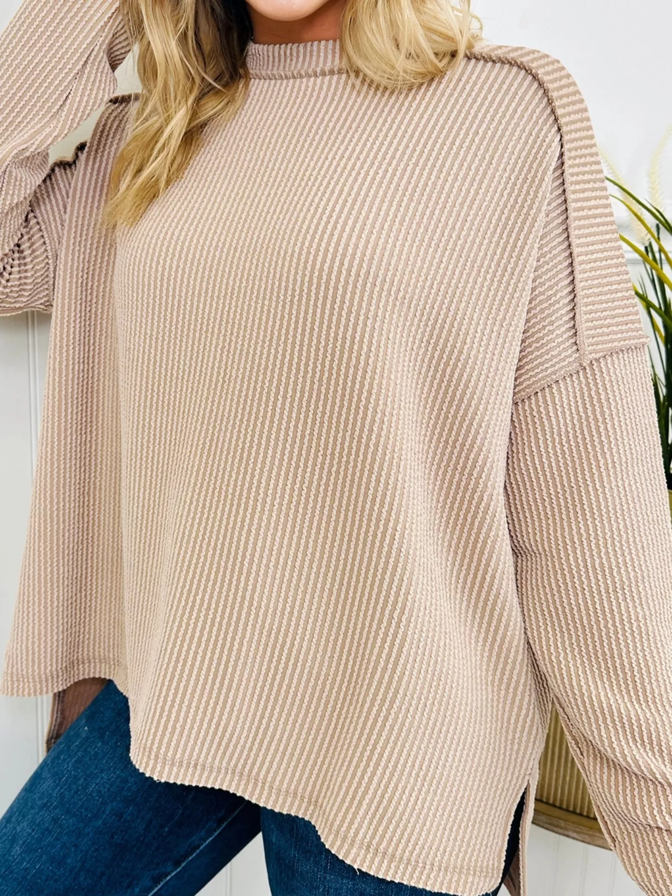 Twist Ribbed Exposed Seam Detail Long Sleeve Loose Top - Image 13