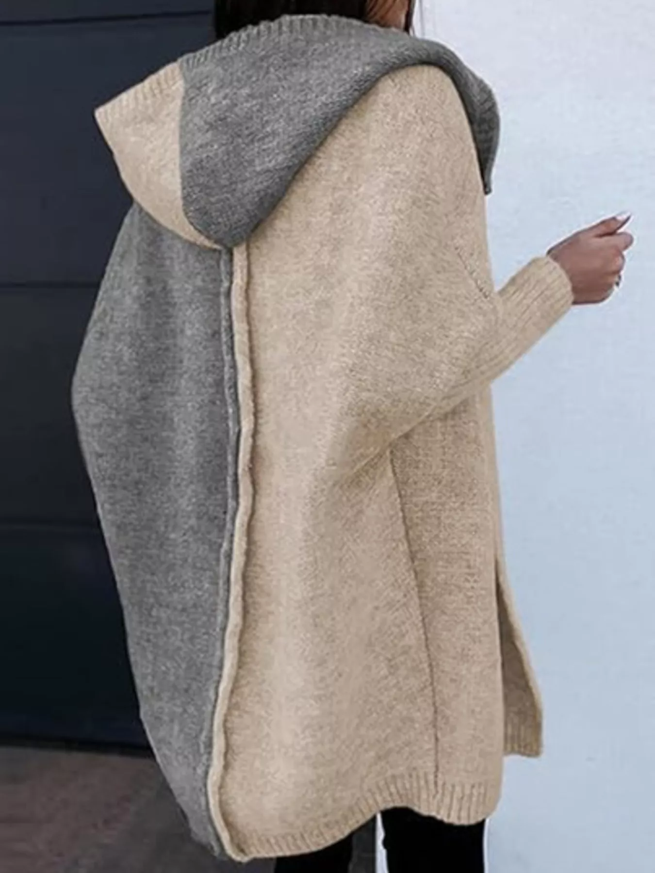 Two-Tone Open Front Knit Hooded Cardigan - Image 11