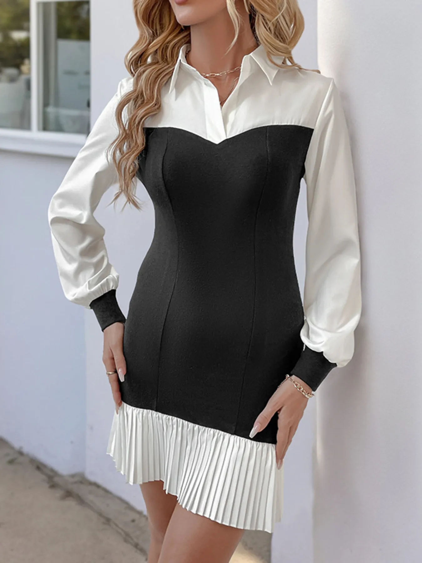 Two Tone Pleated Long Sleeve Shirt Dress - Image 2