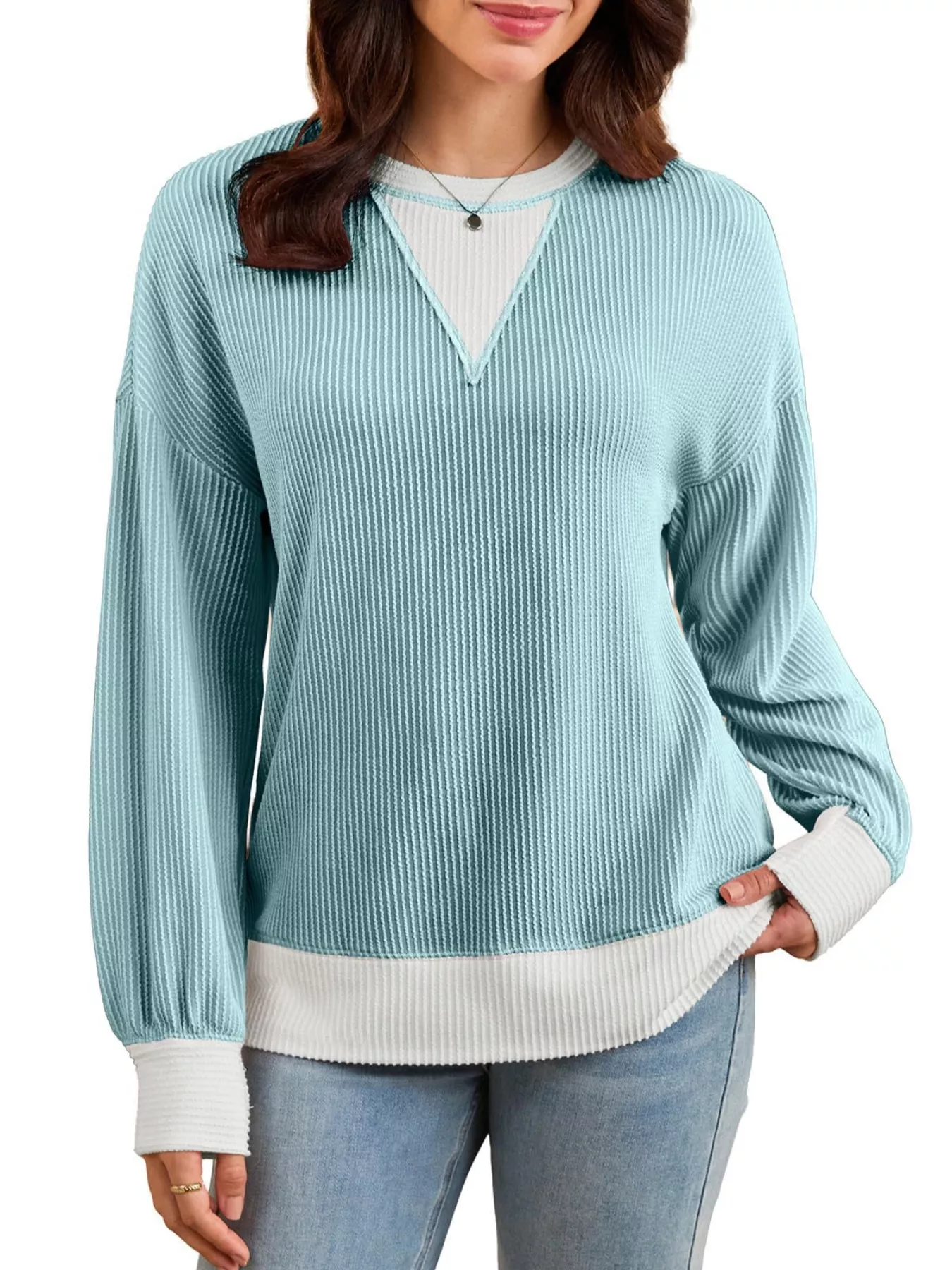 Two-Tone Ribbed Knit Sweatshirt - Image 18