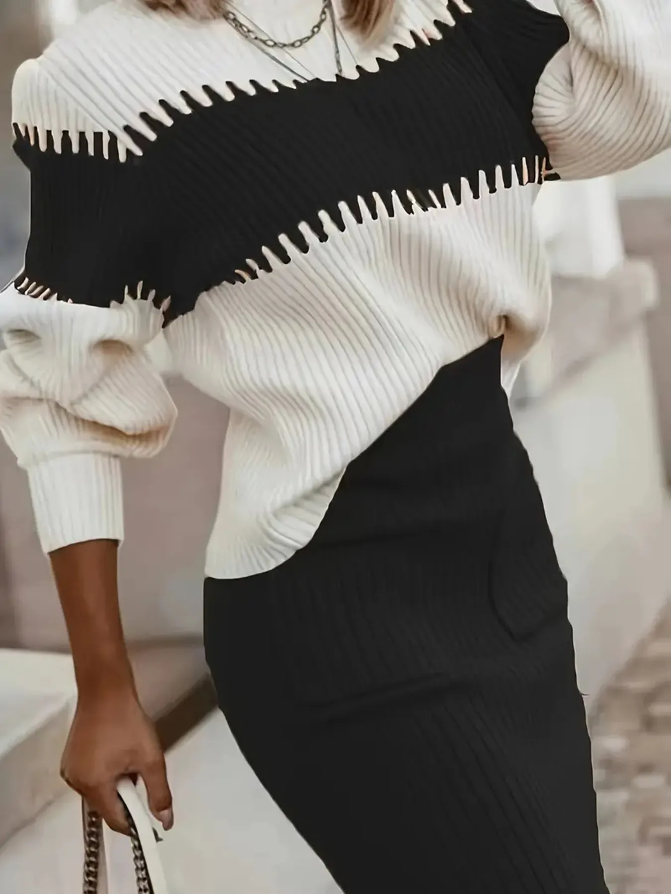 Two-Tone Ribbed Knit Top and Skirt Sweater Set - Image 11