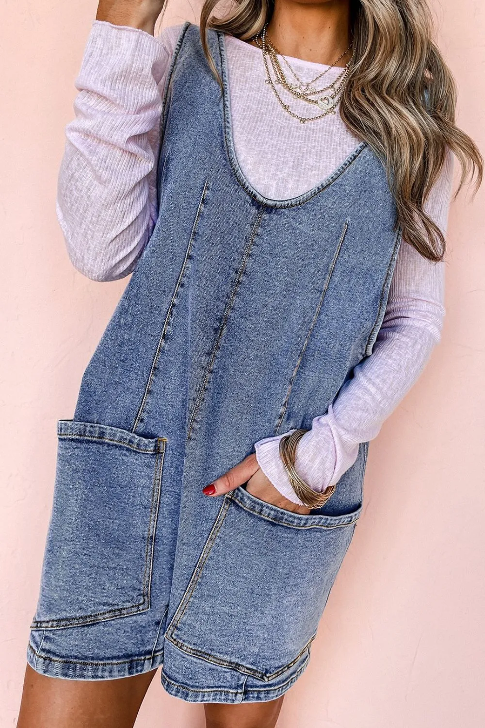 U Neck Patched Pocket Denim Overalls - Image 3