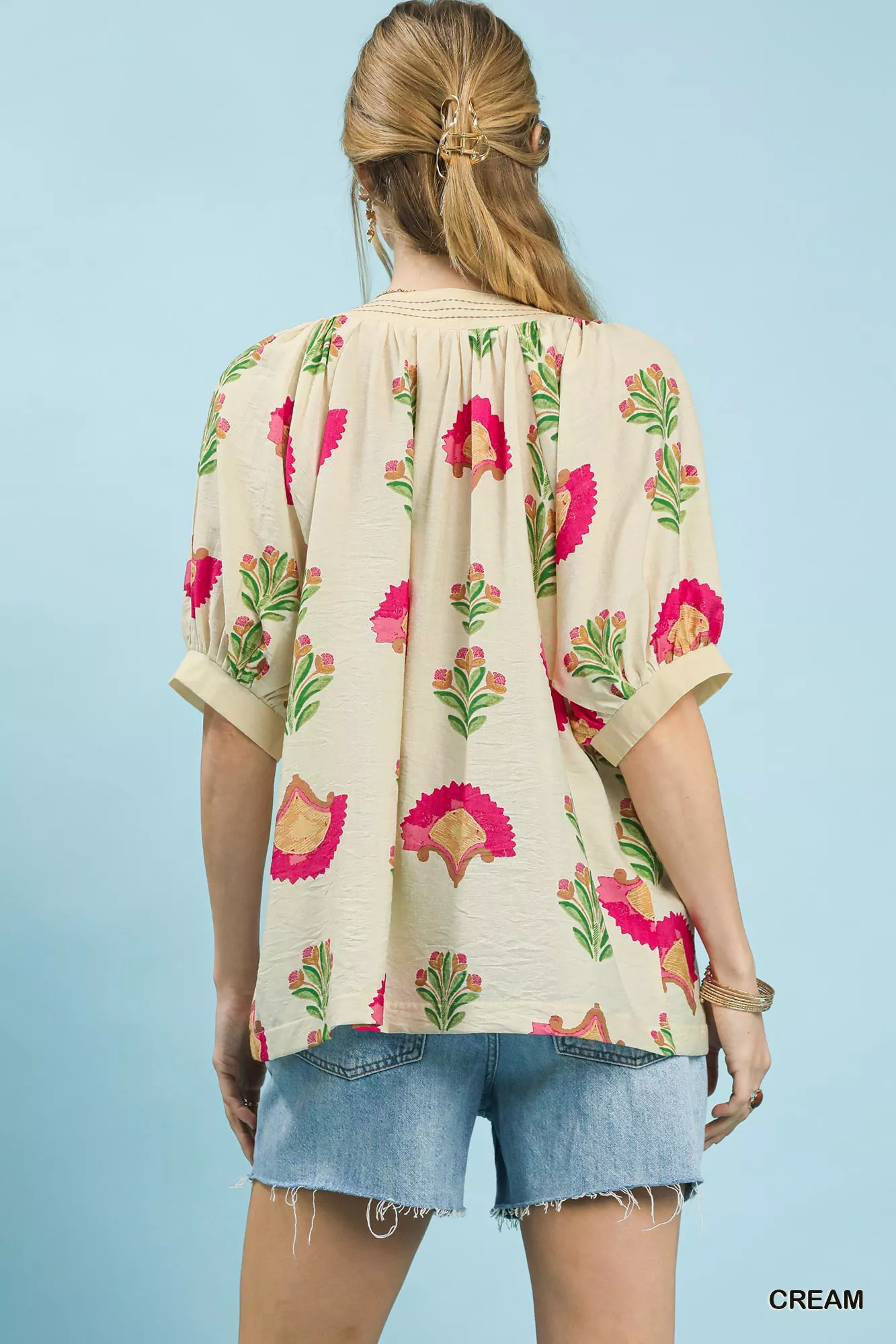 Umgee Abstract Print Blouse with Ruched Detail - Image 3