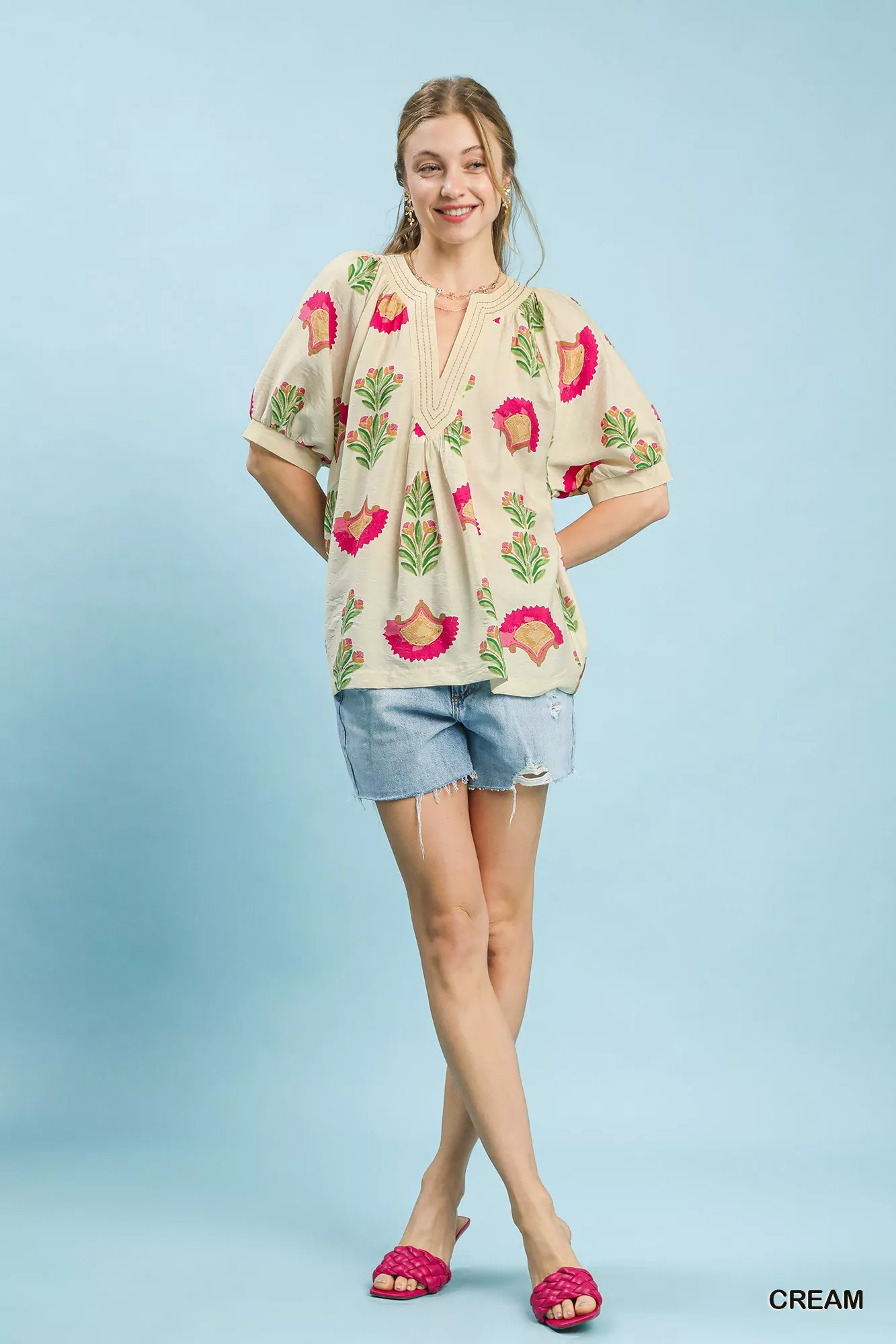 Umgee Abstract Print Blouse with Ruched Detail - Image 4