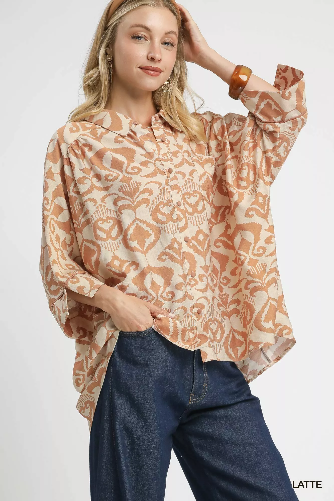 Umgee Abstract Print Button-Up Oversized Shirt - Image 2