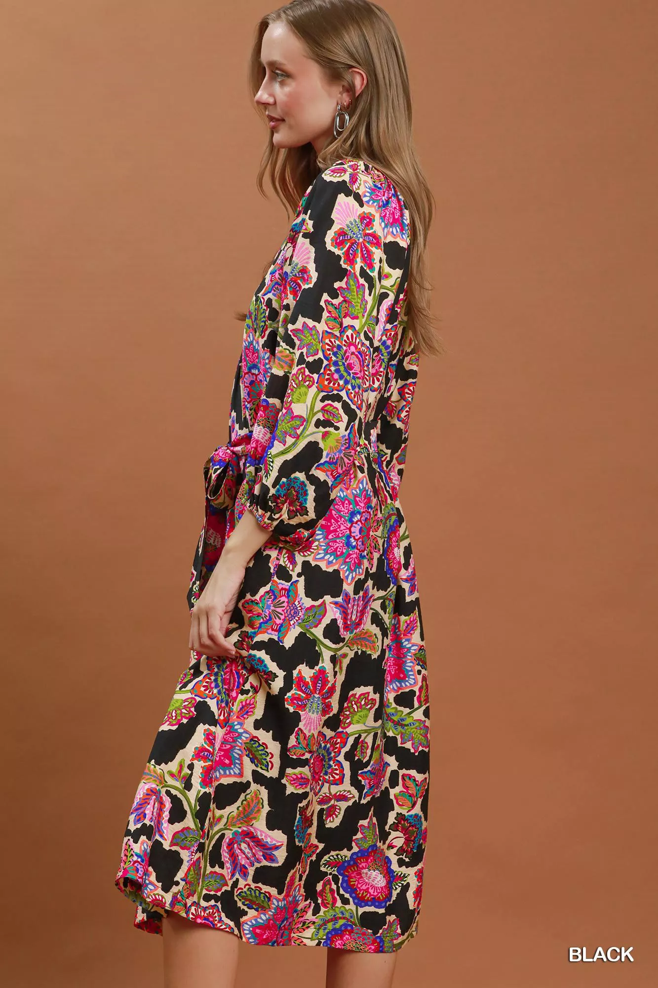 Umgee Abstract Print Embroidered Belted Midi Dress - Image 2